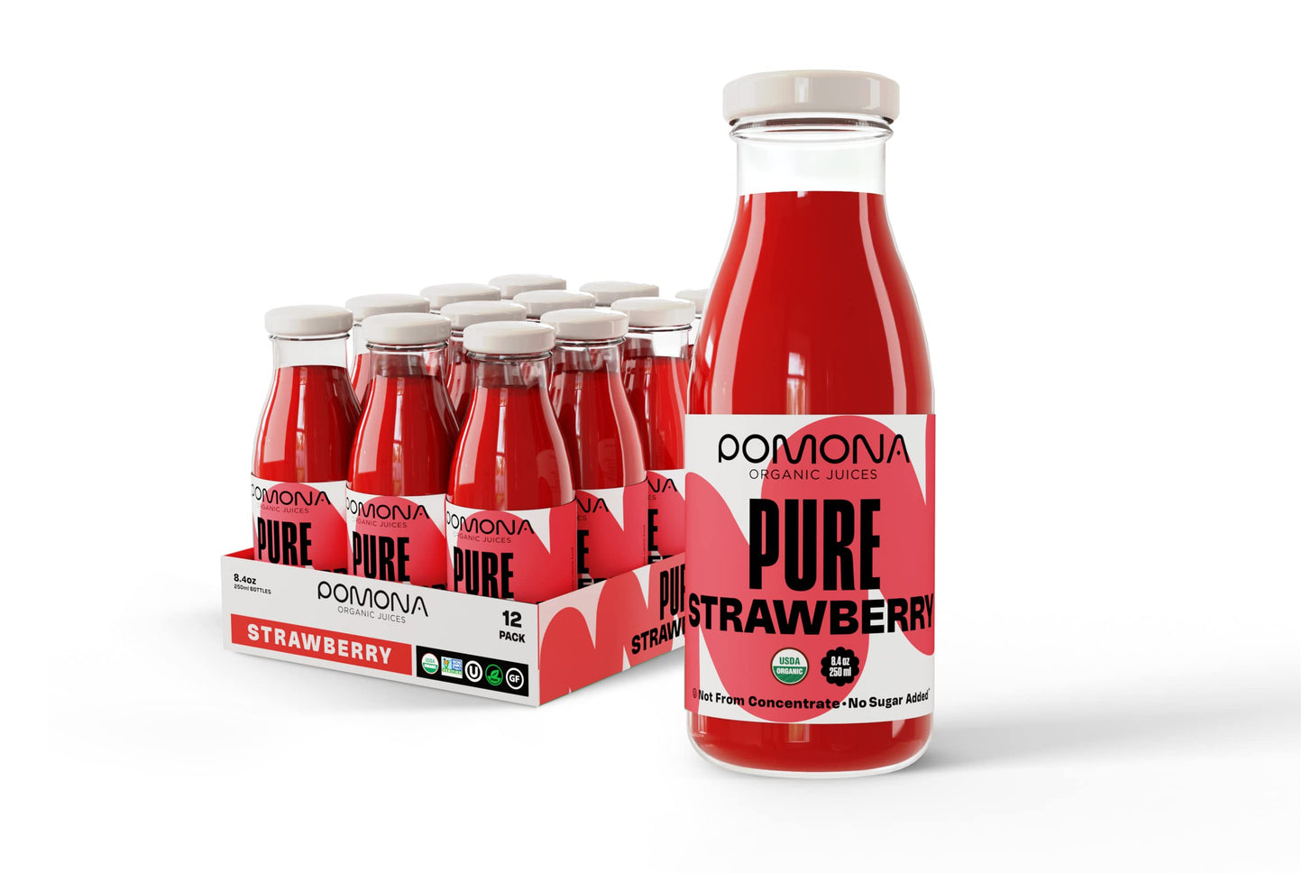 Pomona Organic Strawberry Juice (Pack Of 12), Cold Pressed Usda Organic Juices With 100% Strawberries, No Added Sugar, Not From Concentrate, Vegan, Kosher, Non Gmo, Pasteurized, 8.4 Oz Glass Bottles