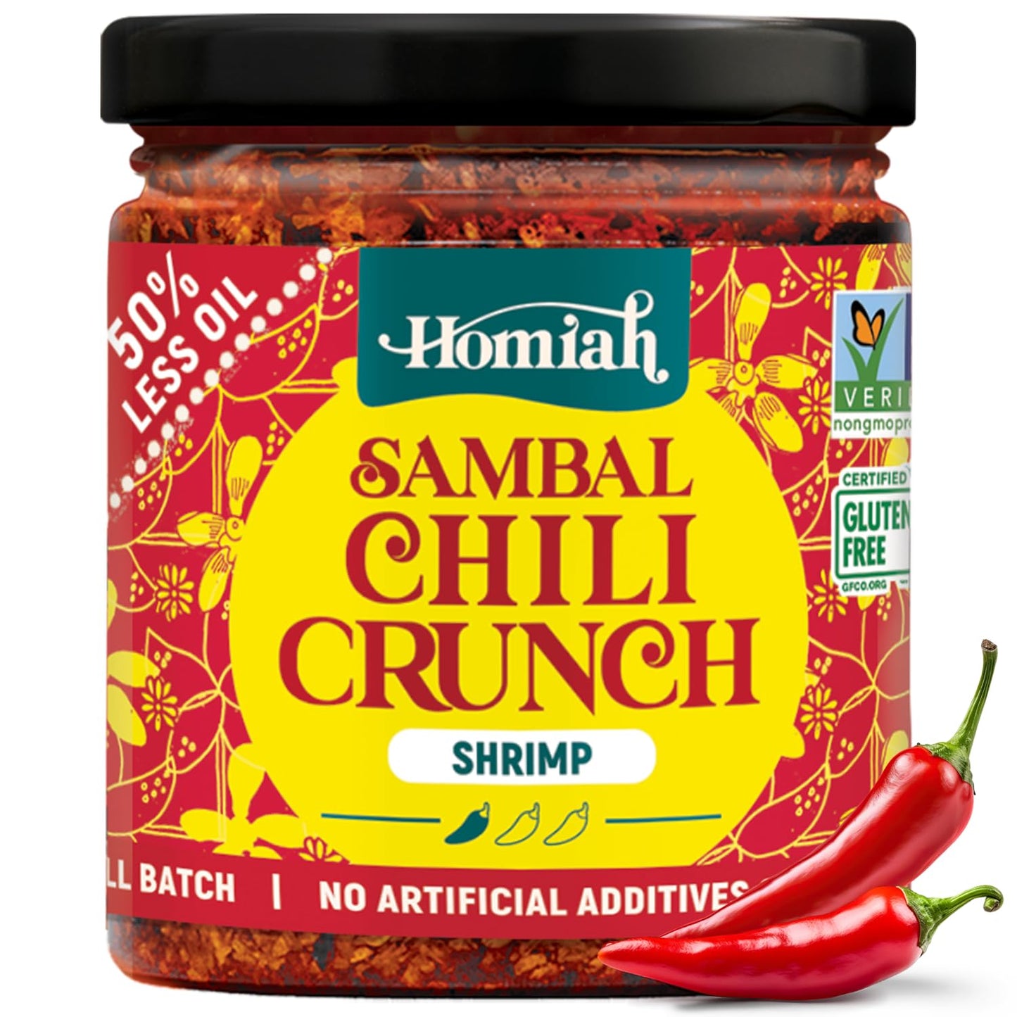 Homiah Sambal Chili Crunch, Shrimp, 6oz - Less Oil Low Sodium Gluten Free Non-GMO, Sambal Oelek Chili Paste, Shrimp Paste, Crisp
