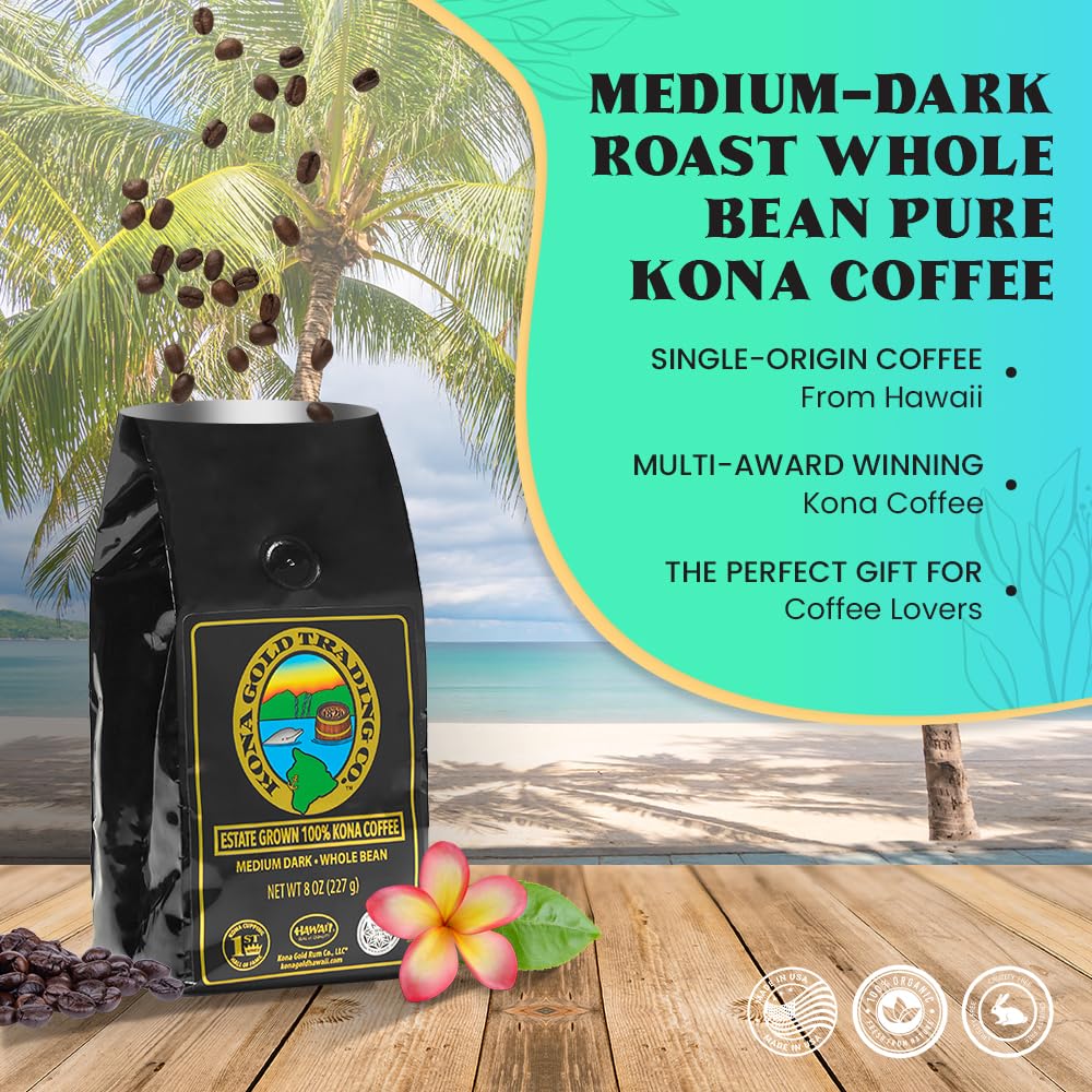 Kona Gold spirit-inspired flavor Co. 8oz Kona Coffee Whole Beans - Extra Fancy Medium/Dark Roast, Peach Notes with Cream Tones