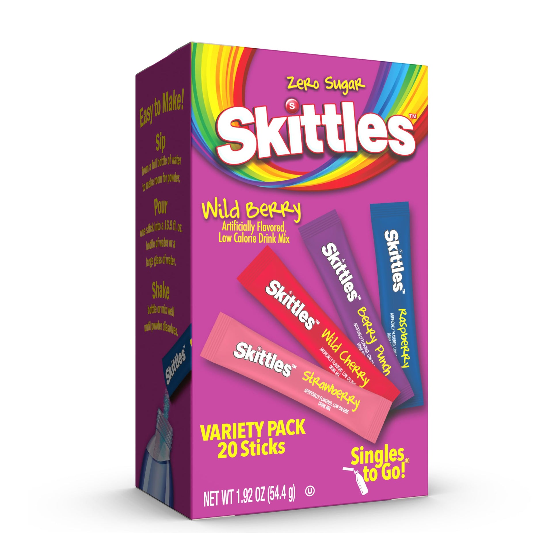 Skittles Singles To Go Variety Pack, Watertok Powdered Drink Mix, Zero Sugar, Low Calorie, Includes 4 Flavors, 1 Box (20 Single