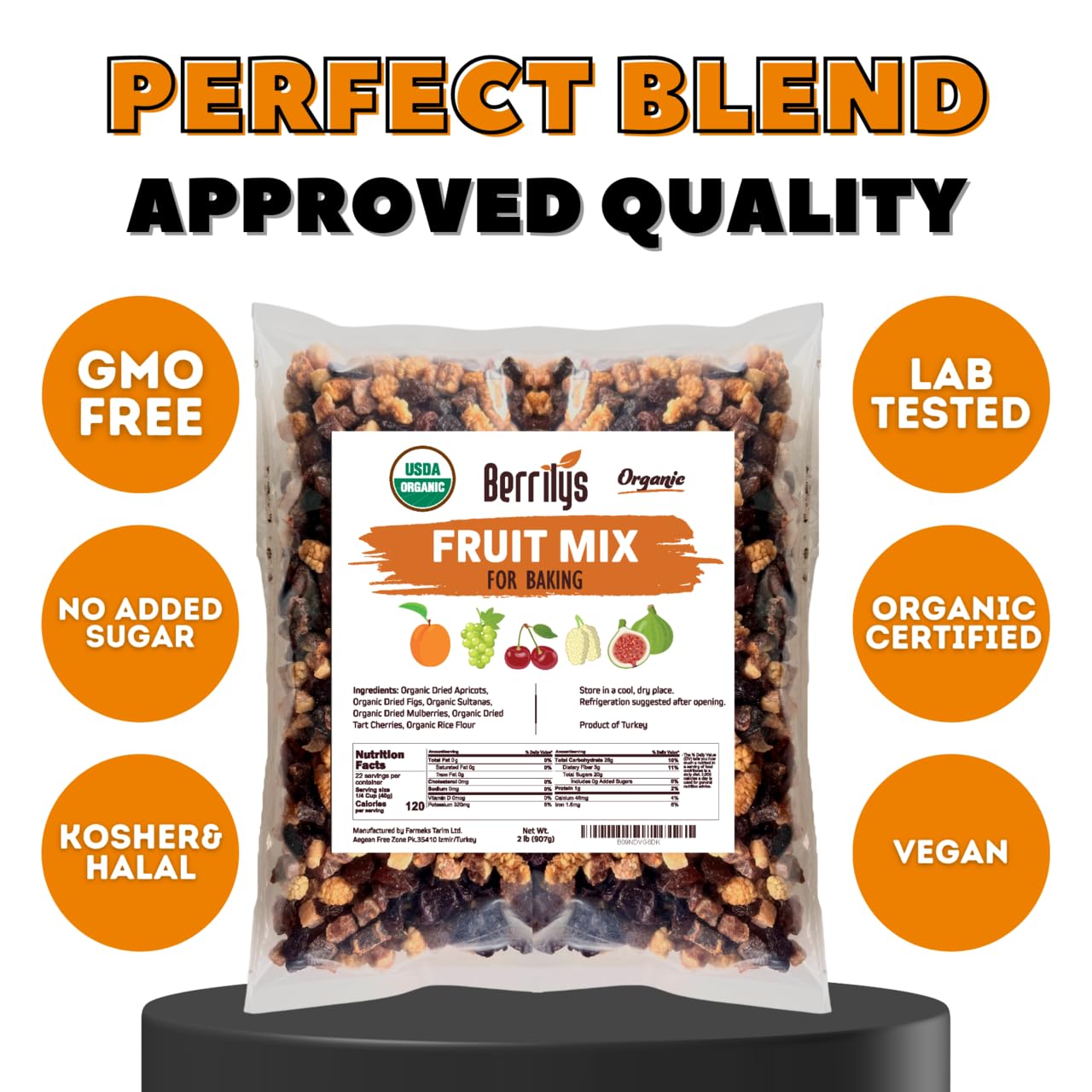 Berrilys Dried Fruit Mix, 2 Lbs, Organic, Diced Figs, Diced Apricots, White Mulberries, Sultanas, Sour Cherries, No Sugar Added,