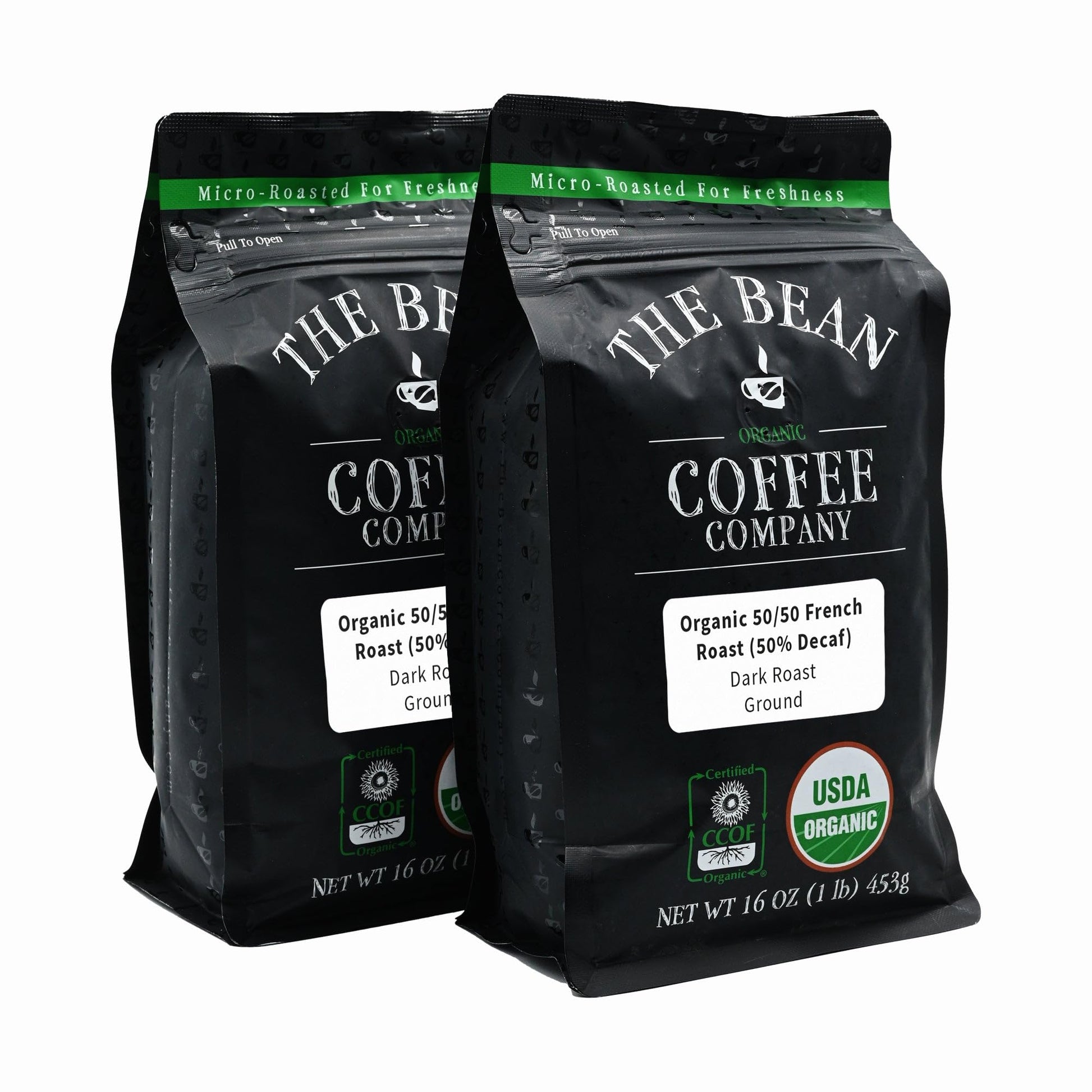 The Bean Organic Coffee Company Half Caff French Roast Ground Coffee, 16 Ounce Bags (Pack of 2)