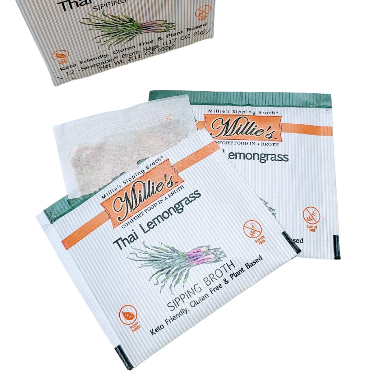 Millies Sipping Broth - Vegetable Broth -Natural-Gluten Free-Keto Friendly Thai Lemongrass 12 Count Box (2-Pack)