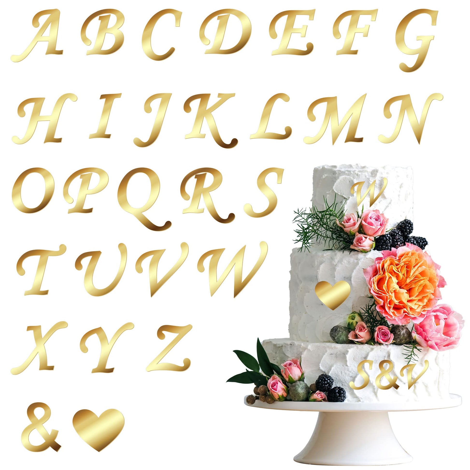 Gyufise 28Pcs Gold Acrylic Alphabet Cake Toppers, Custom Cupcake Picks A-Z, Small Mirrored Gold for Weddings, Baby Showers, Birthdays
