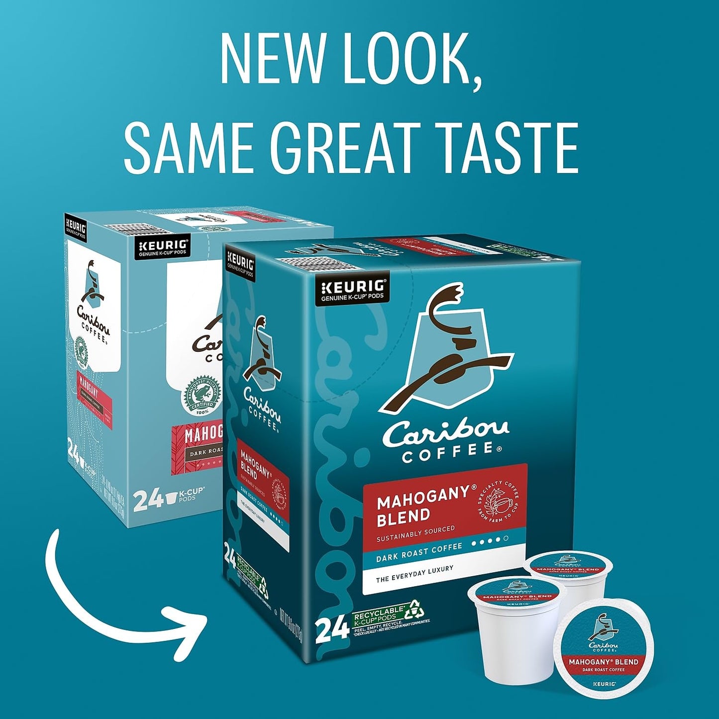 Caribou Coffee Mahogany, Single-Serve Keurig K-Cup Pods, Dark Roast Coffee, 96 Count