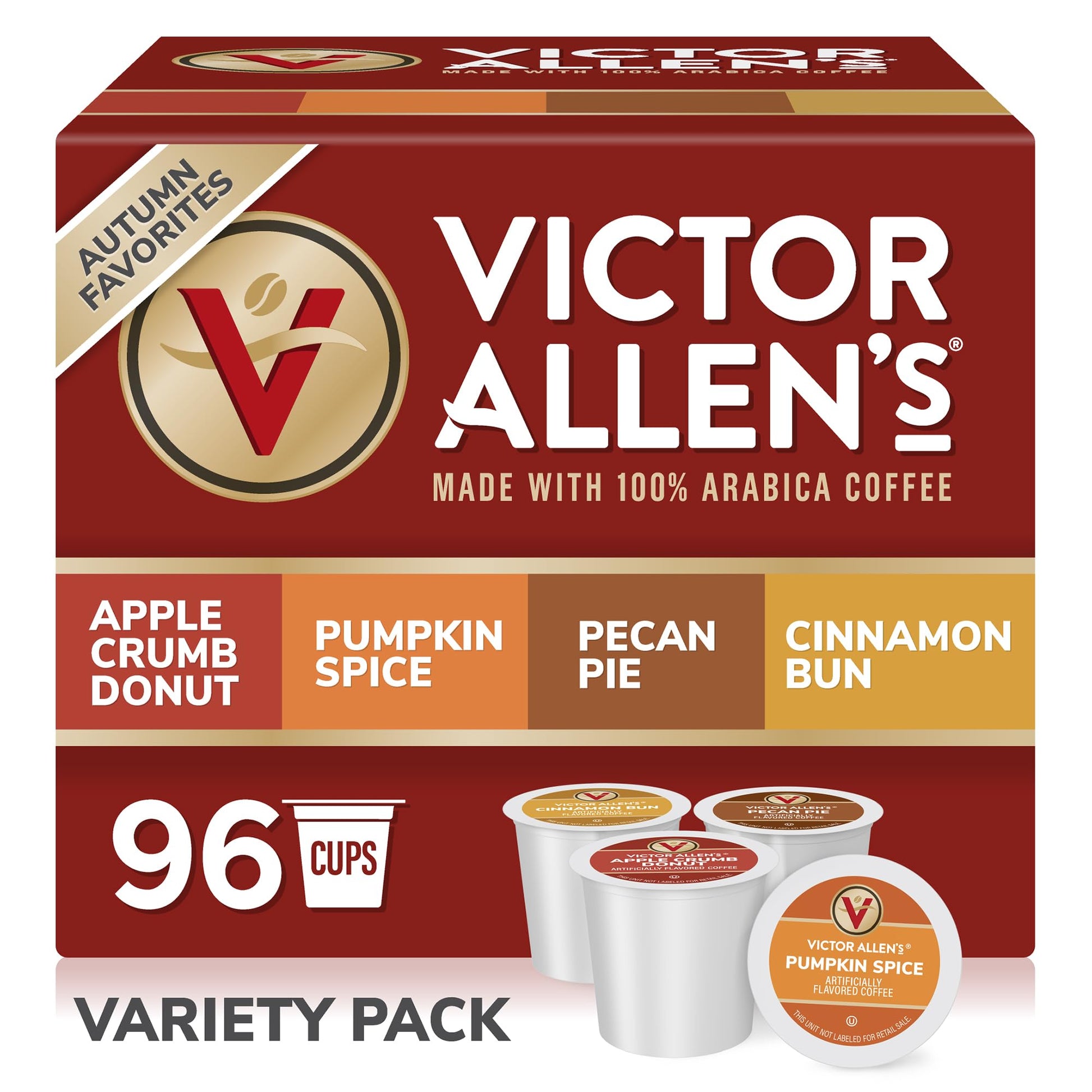 Victor Allens Coffee Autumn Favorites Variety Pack, 96 Count Single Serve Pods for Keurig, Includes Apple Crumb, Pumpkin Spice, Pecan Pie, Cinnamon Bun