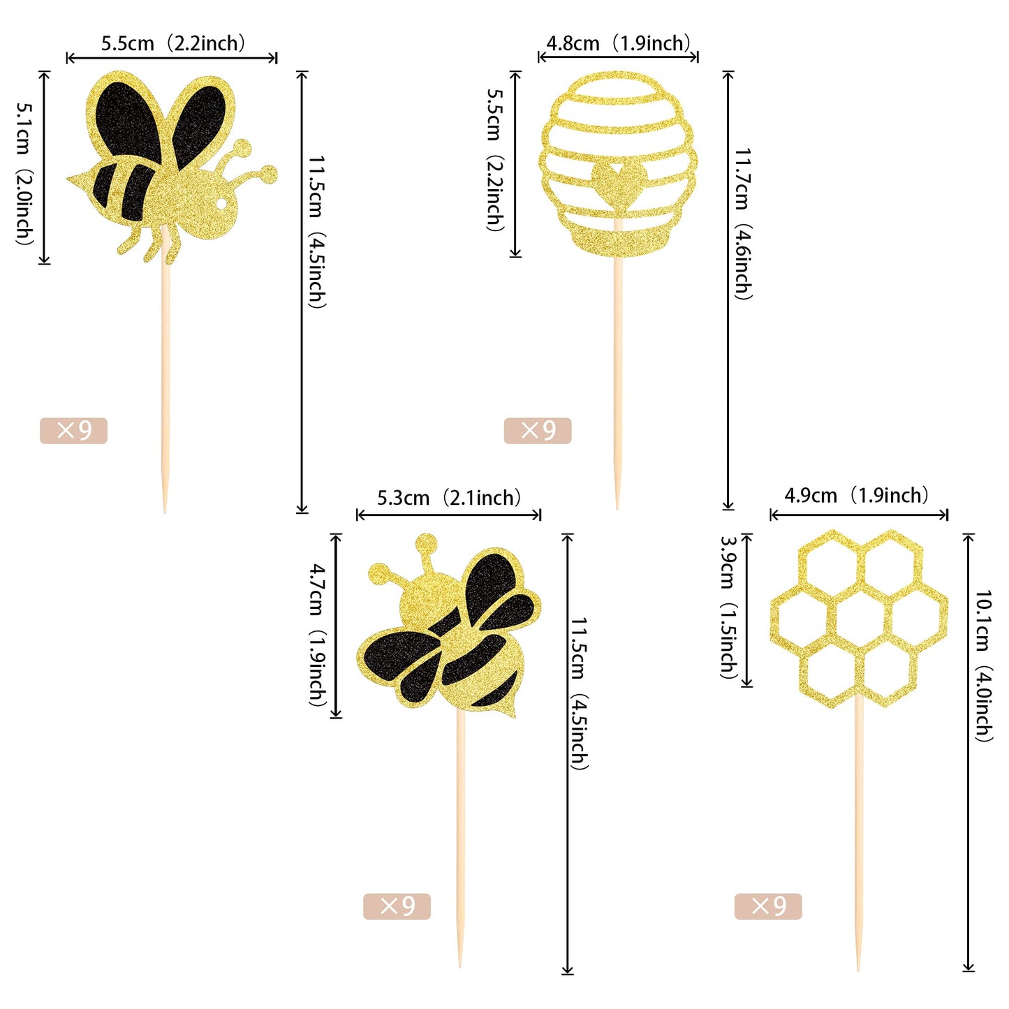 36 Pcs Bumble Bee Cupcake Toppers Glitter Bee Gender Reveal Honeycomb Cupcake Picks Baby Shower Birthday Party Cake Decorations