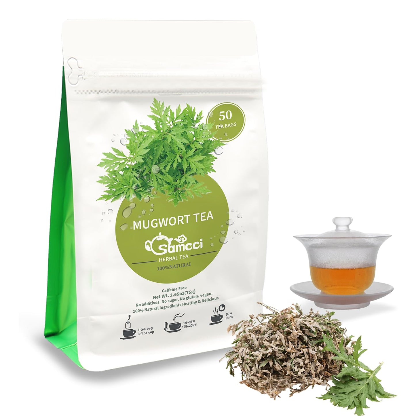 SAMCCI Mugwort Tea Bags - 100% Natural Dried Leaves, Vegan, Caffeine-Free - 50 Count