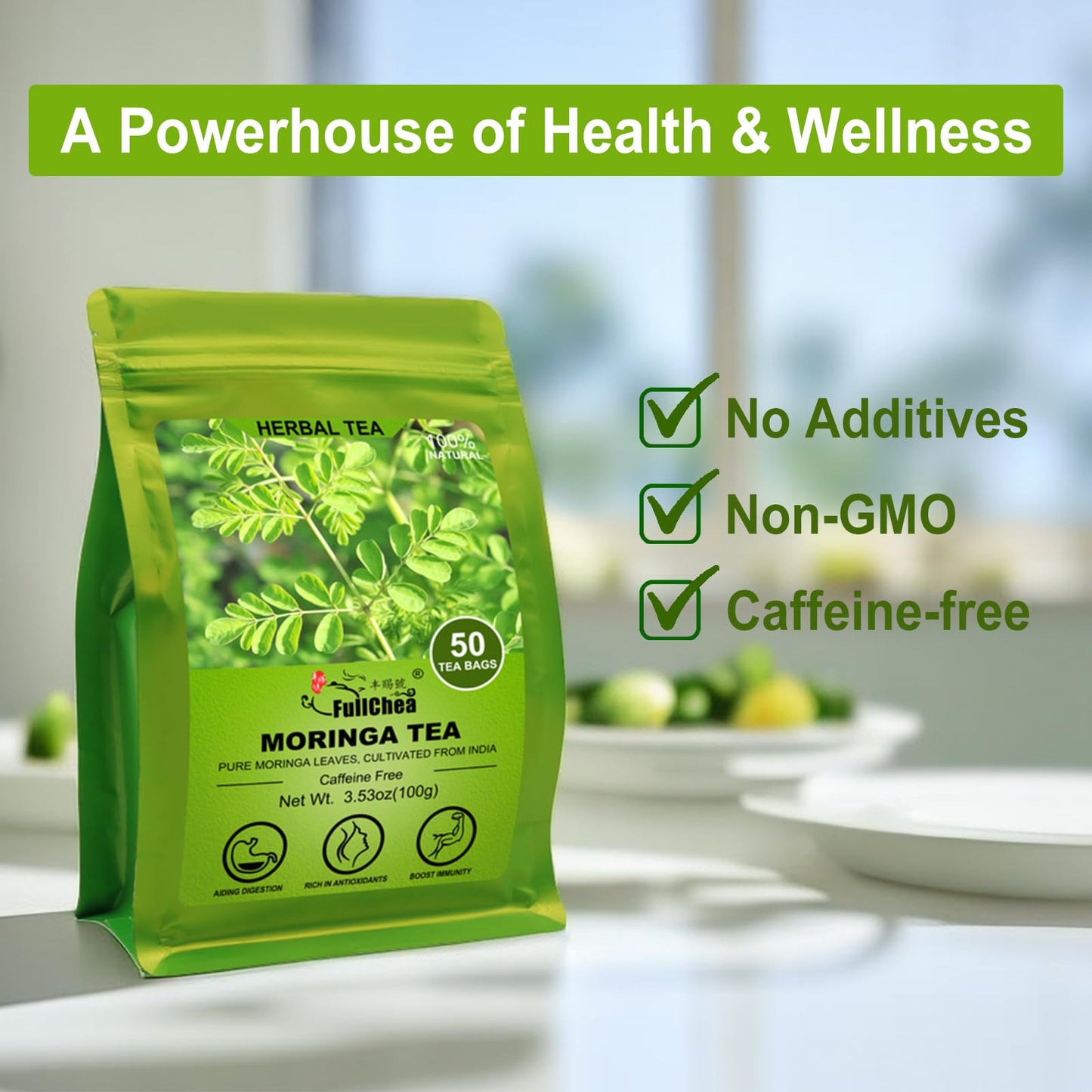 FullChea Moringa Tea - Herbal Tea for Digestion & Immunity, 50 Teabags, Non-GMO, Caffeine-Free, Pure & Natural Moringa Leaves