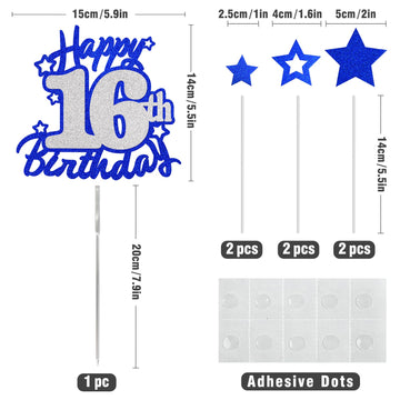 Happy 16Th Birthday Cake Topper, Blue And Silver Glitter Cake Toppers, 16 Year Birthday Party Cake Decoration