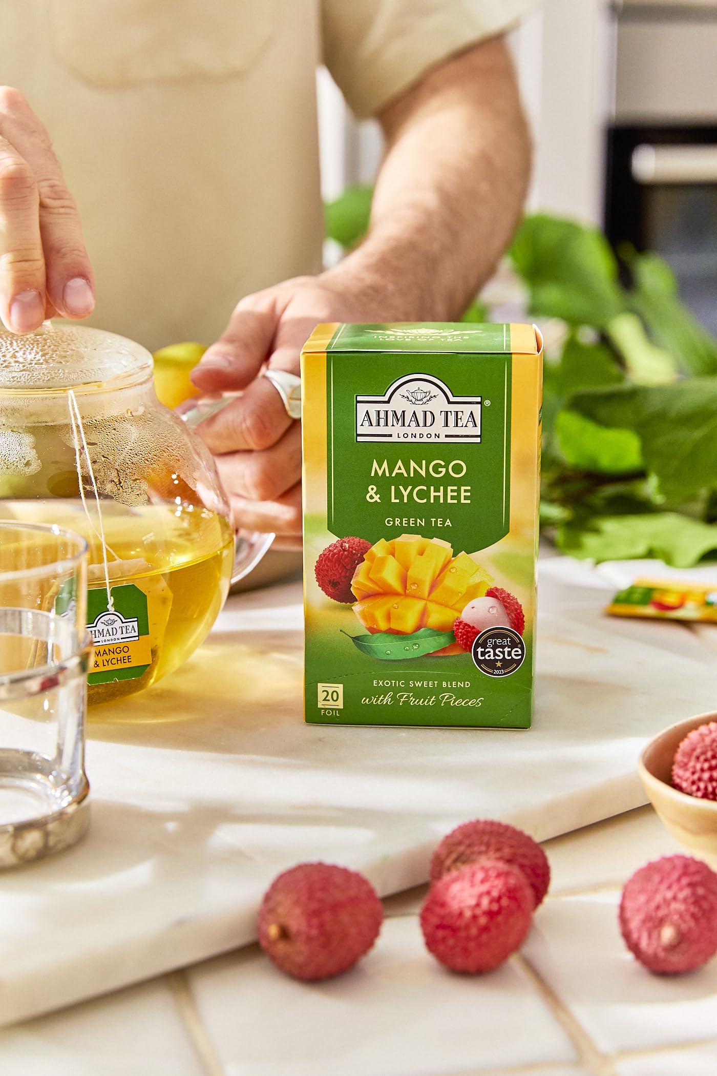 Ahmad Tea Mango & Lychee Flavored Green Tea with Fruit Pieces, 20 Count, Pack of 6