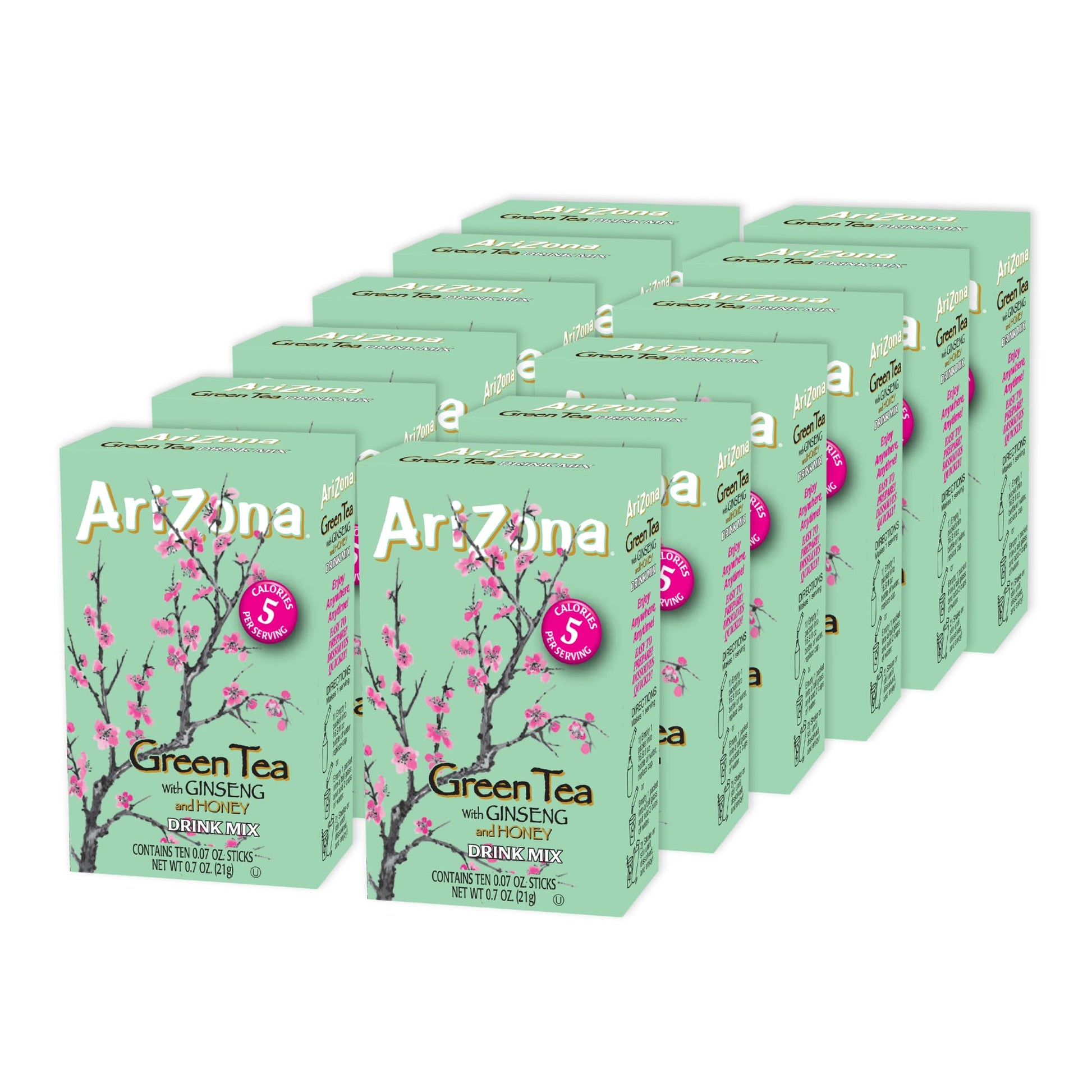 AriZona Green Tea Powdered Drink Mix with Ginseng & Honey, 0.07oz, 120 Count, 10ct Boxes (Pack of 12)