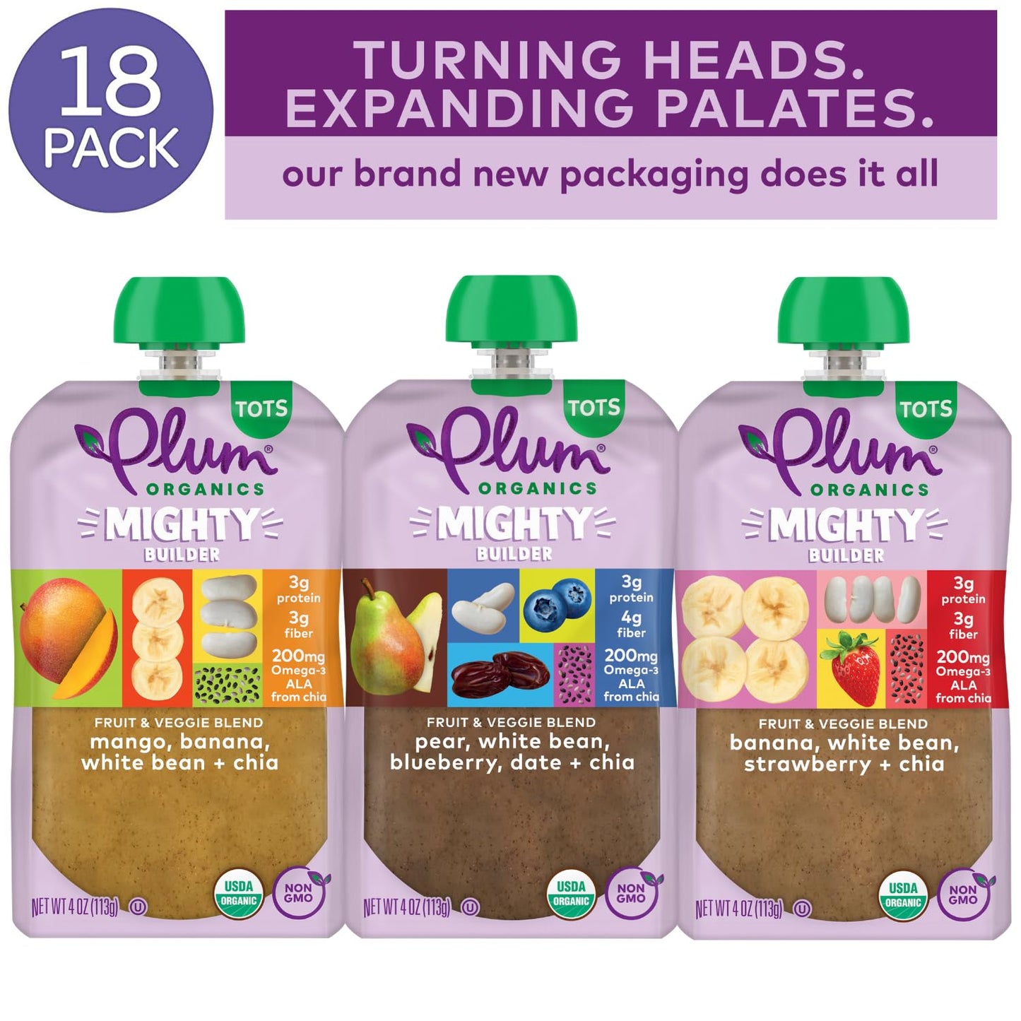 Plum Organics Mighty Builder Organic Toddler Food - Fruit And Veggie Blend Variety Pack - 4 Oz Pouch (Pack Of 18) - Organic Frui
