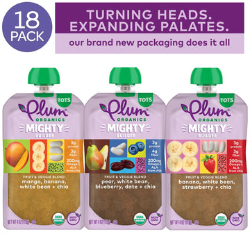 Plum Organics Mighty Builder Organic Toddler Food - Fruit And Veggie Blend Variety Pack - 4 Oz Pouch (Pack Of 18) - Organic Frui