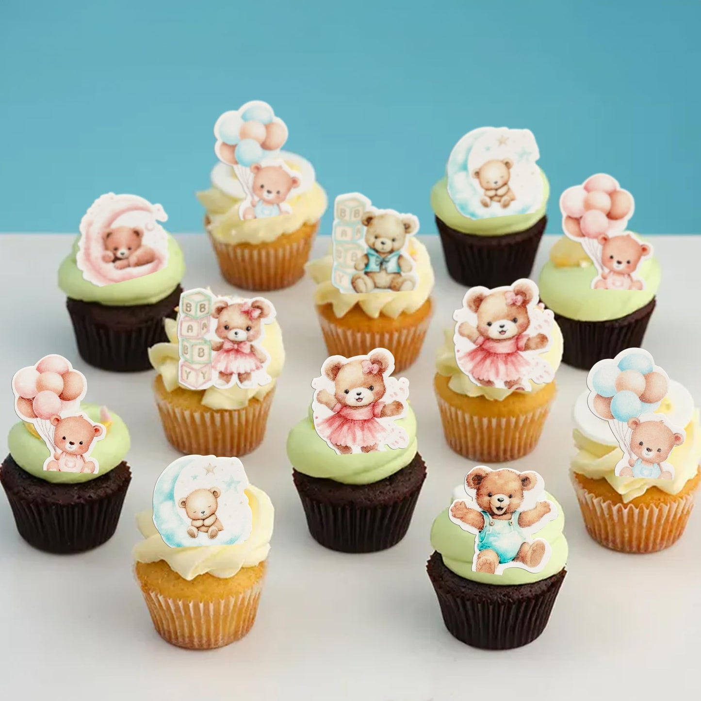 Gyufise 48Pcs Baby Shower Bear Cupcake Toppers - Blue, Pink - 1.8X1.4 Inch - Edible, Safe For Cakes, Cookies, Fruits - Baby Show