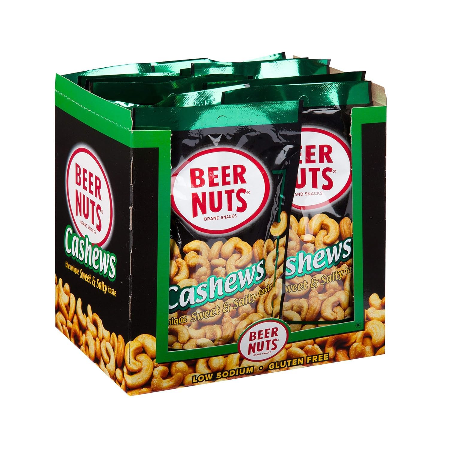 BEER NUTS Cashews, Low Sodium, Gluten Free, 12-Count 4oz Bags, 48 oz Total