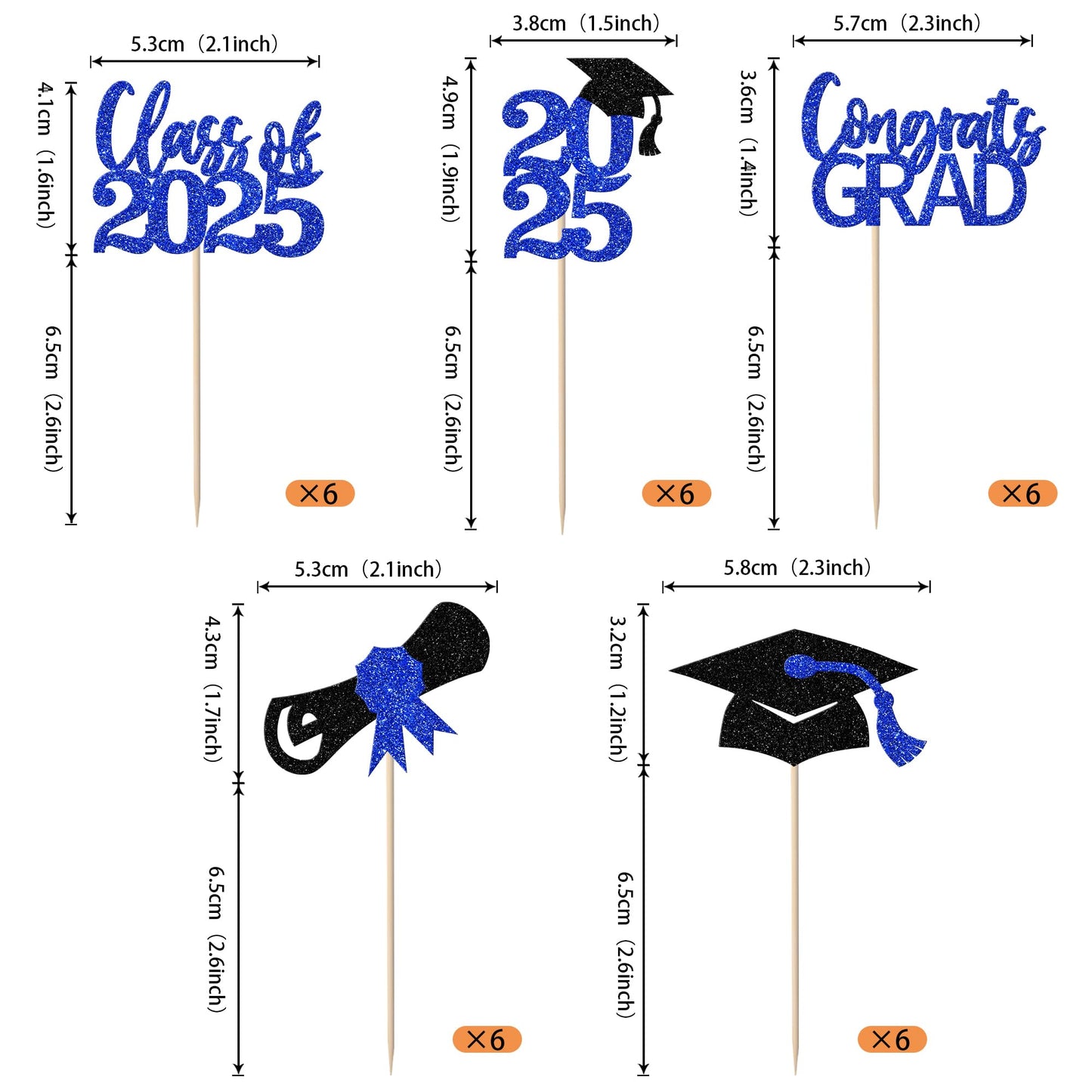 YCTHUNFISH 30 Pack Graduation Cupcake Toppers Glitter Class of 2025 Black Blue Bamboo
