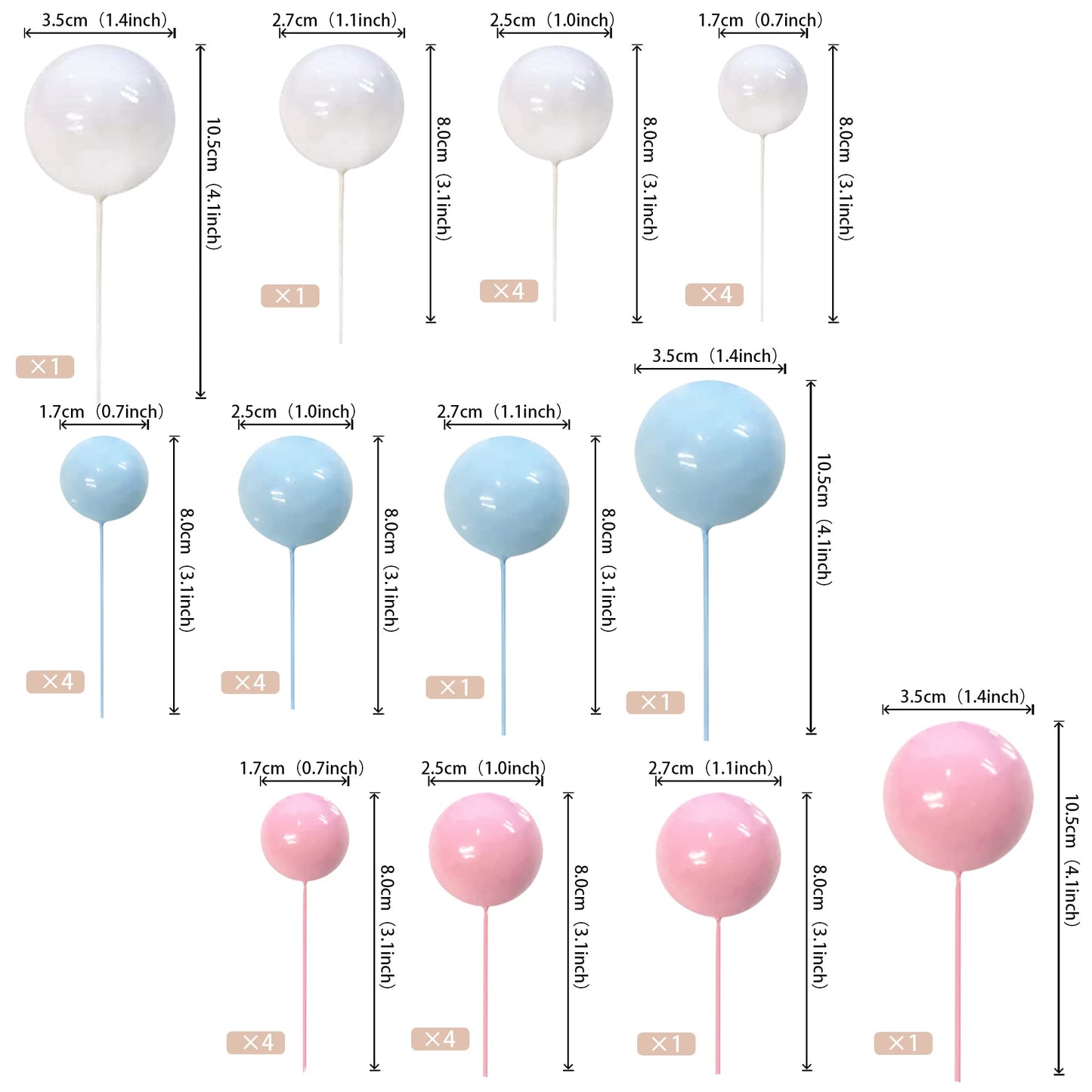 Rssta i Foam Ball Cake Toppers - 30 PCS Mini Balloon Picks, 1.4 to 0.7 Sizes, White Pink Blue for Baby Shower, Wedding, Birthday Decor