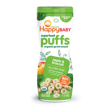 Happy Baby Organic Superfood Puffs Apple & Broccoli, 2.1 Ounce Canister Organic Baby Or Toddler Snacks, Crunchy Fruit & Veggie S