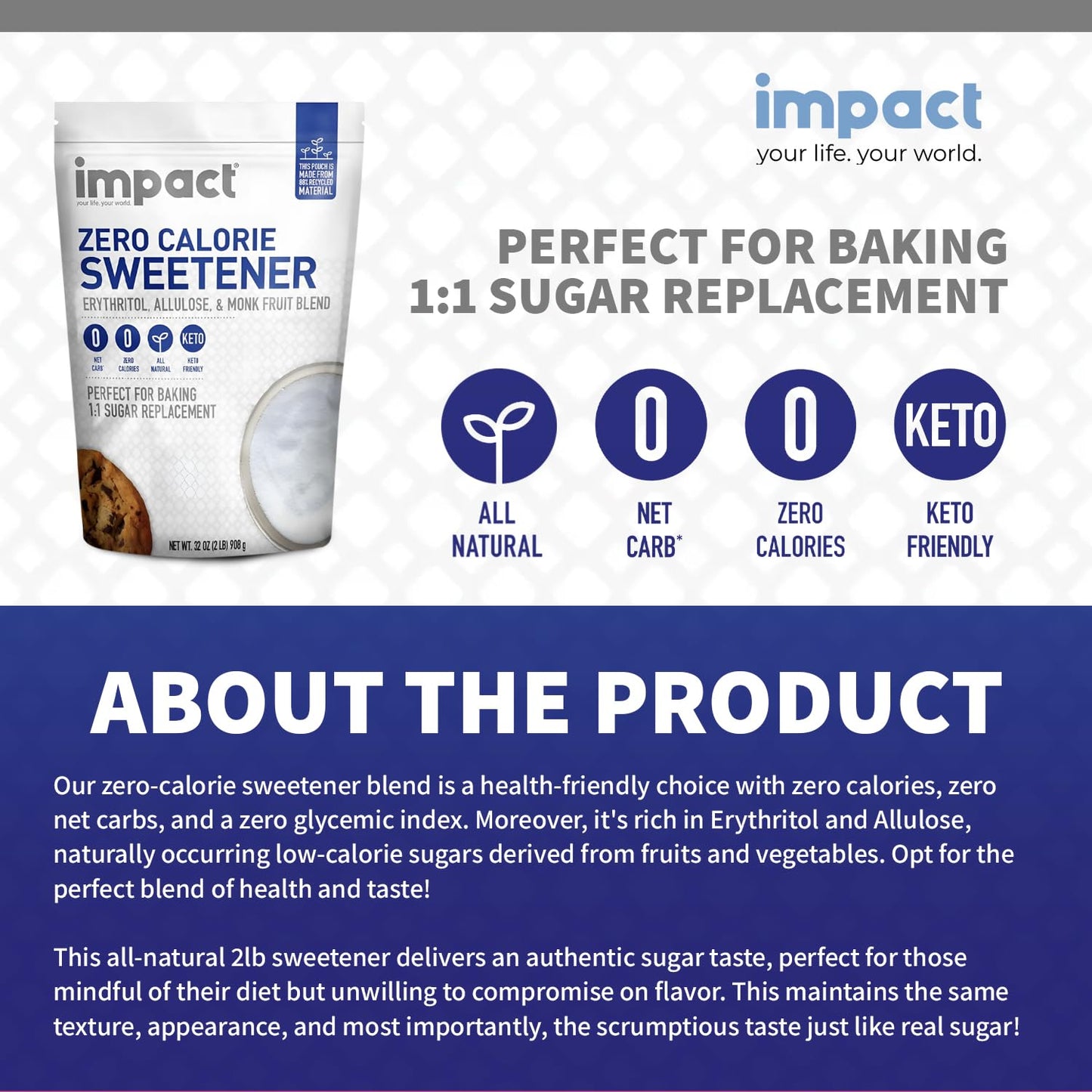 Impact Allulose Sweetener Blend - Gluten Free, Zero Calories, Keto, Vegan - 2lbs
