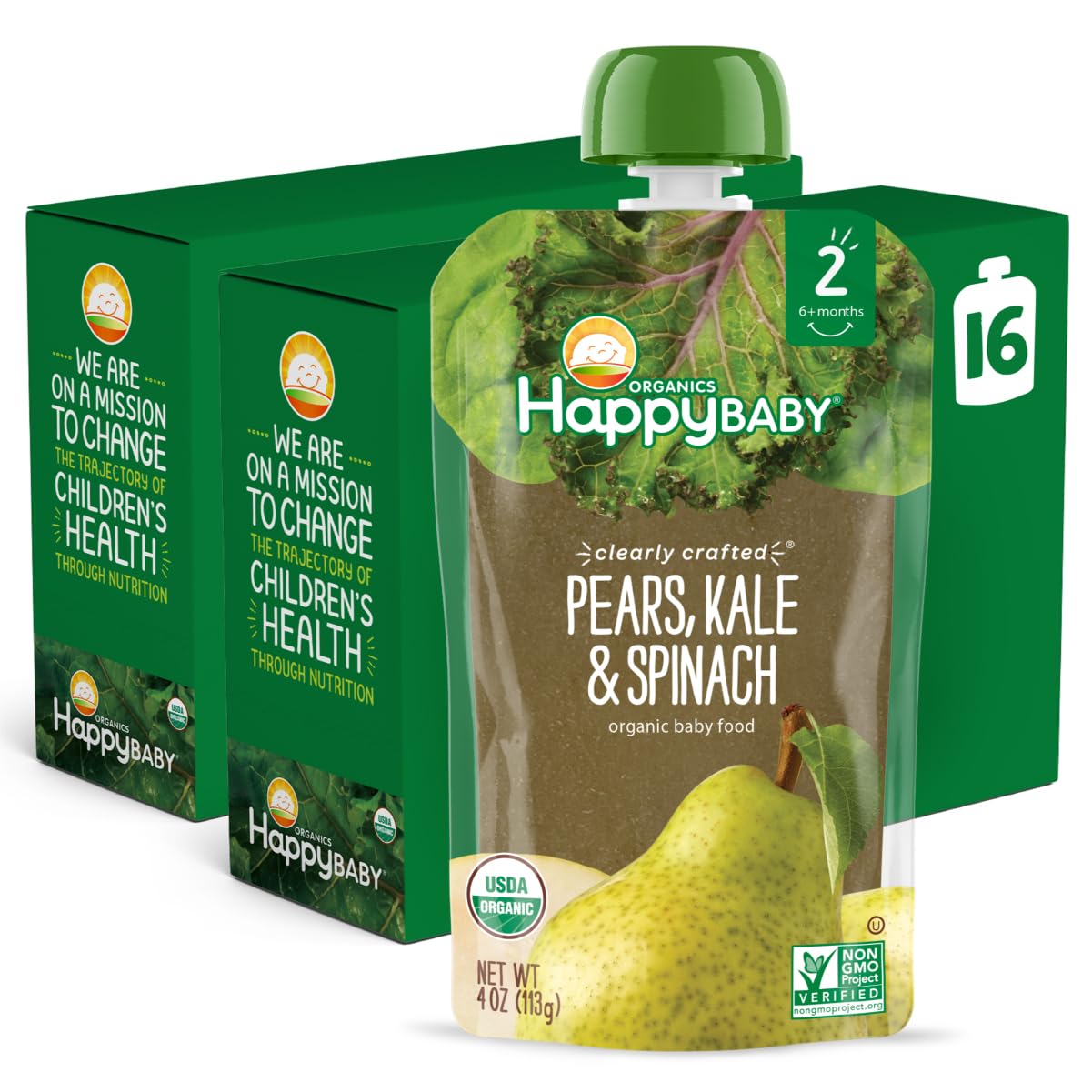 Happy Baby Organics Stage 2 Baby Food Pouches, Gluten Free, Vegan & Healthy Snack, Clearly Crafted Fruit & Veggie Puree, Pears, 