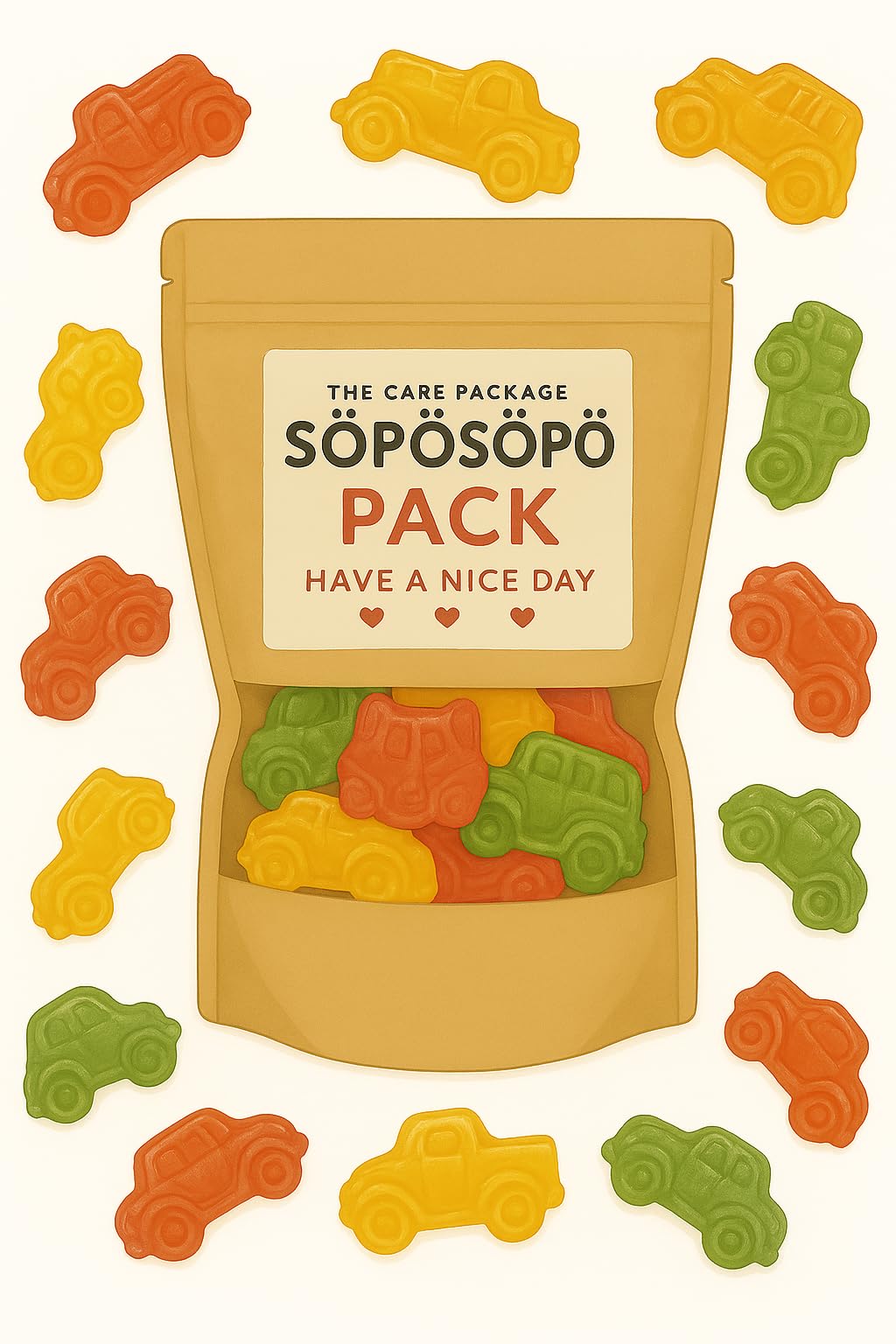 Söpösöpö Scandinavian Treat Pack – Mini Classic Car Fruit Gummies – 150G Nordic Candy Bag – Colorful Car-Shaped Sweets – Made In Finland Soposopo Pack