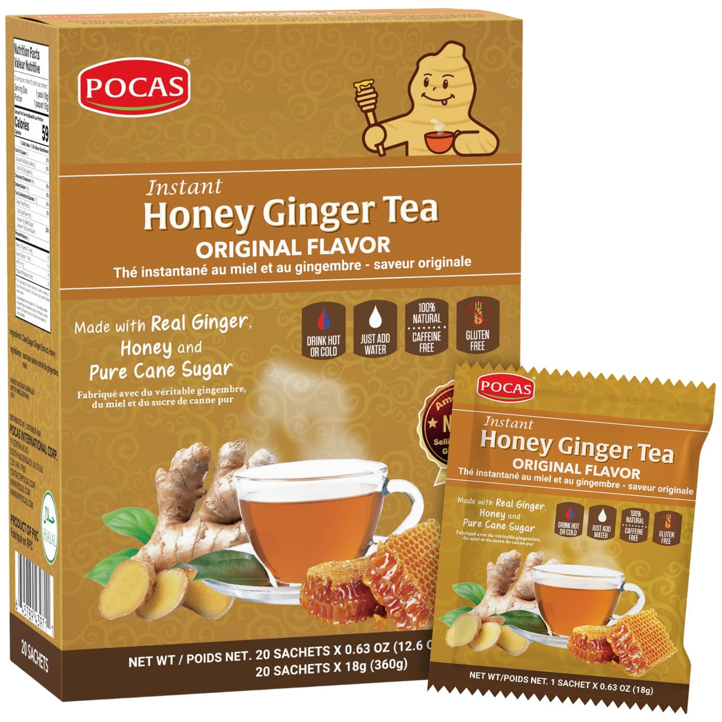 Pocas Honey Ginger Tea Instant Powder, Original Flavor, 12.7 Ounce (20 Pack)