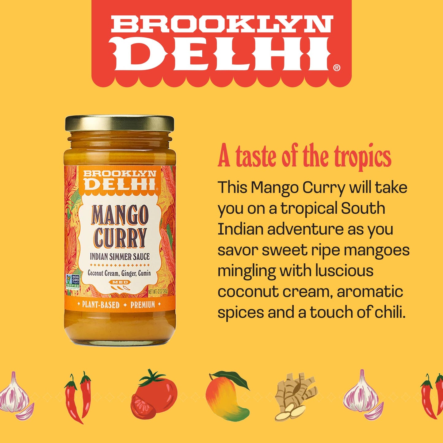 Brooklyn Delhi Mango Curry - Indian Simmer Sauce With Sweet Ripe Mangoes, Coconut Cream, Ginger And Cumin - 12 Ounces - Mild Eno