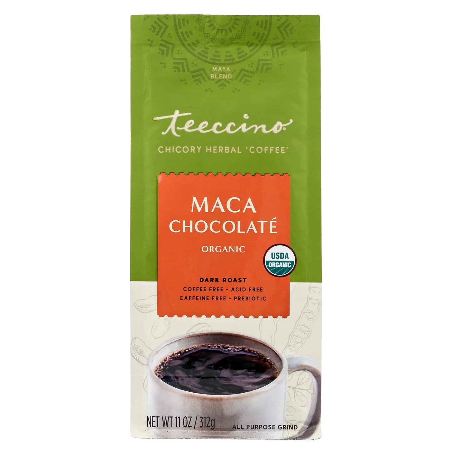 Teeccino Maca Chocolaté Chicory Coffee Alternative, Dark Roast, 11 Ounce, Caffeine Free, Acid Free, Brown