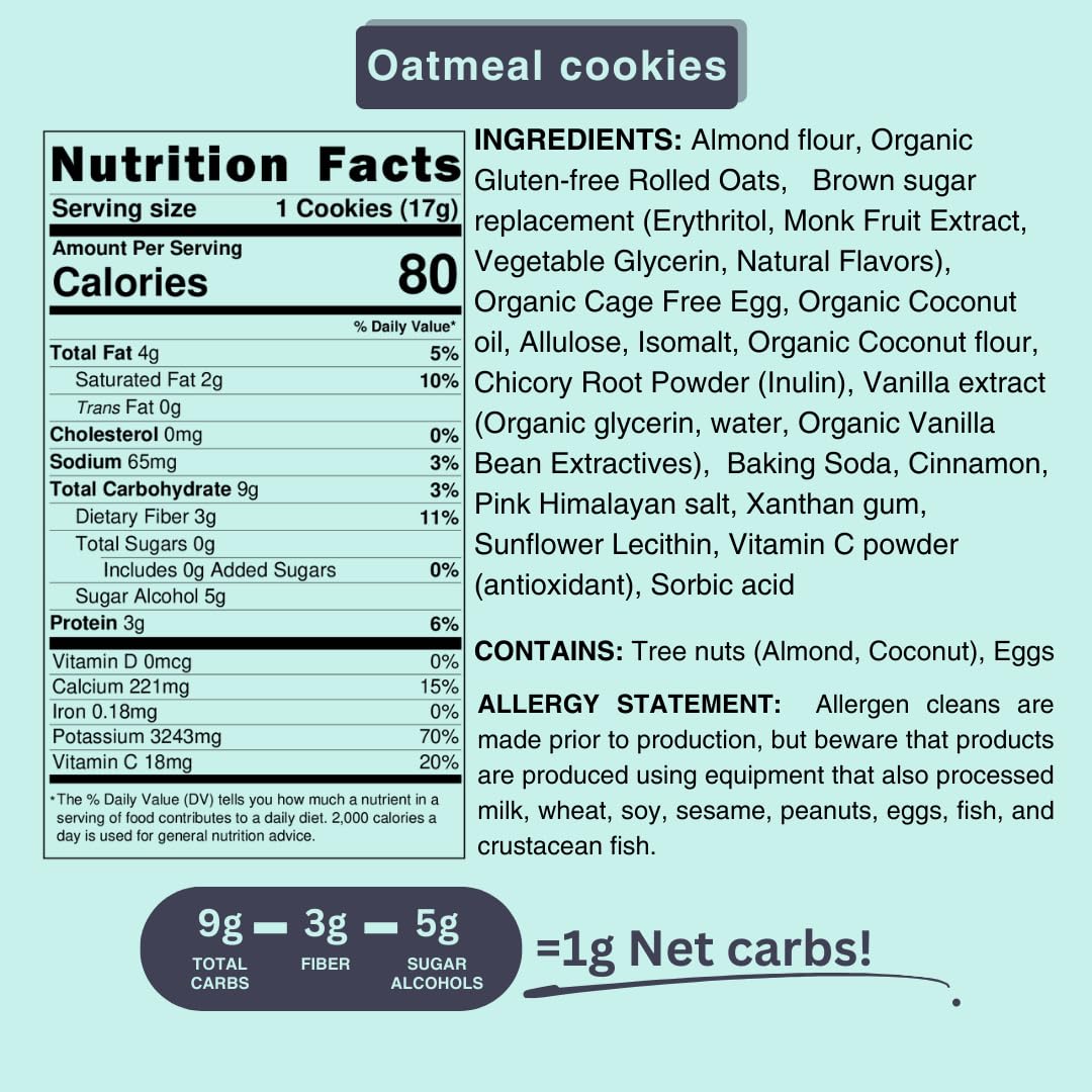 Sugar Free, Low Fat, Gluten Free, Dairy Free, Flche Healthy Treats, 5 Soft Baked Cookies 3.35Oz (95G) (Pack Of 1) (Oatmeal)
