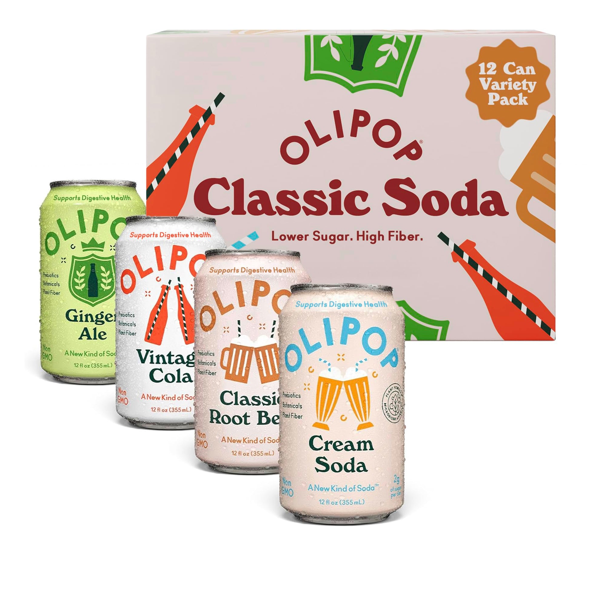 OLIPOP Prebiotic Soda Pop, Classic Soda Variety, Pantry Pack Packed with Prebiotics, Fiber, and Botanicals, Gluten Free, Vegan, 