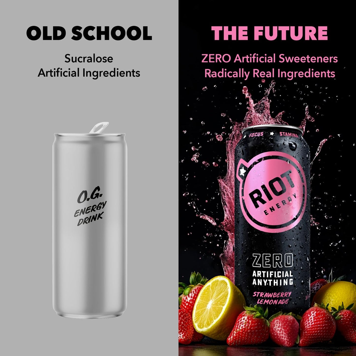 Riot Clean Energy Drink, Strawberry Lemonade, Zero Artificial Anything, No Sucralose, Made With Real Fruit, No Sugar Added, Ener