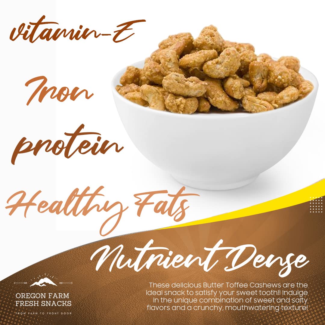 Oregon Farm Fresh Snacks Butter Toffee Cashews - Butter Toffee Coated Cashew Nuts - Delicious and Sweet Nut Snacks - Crunchy Cas