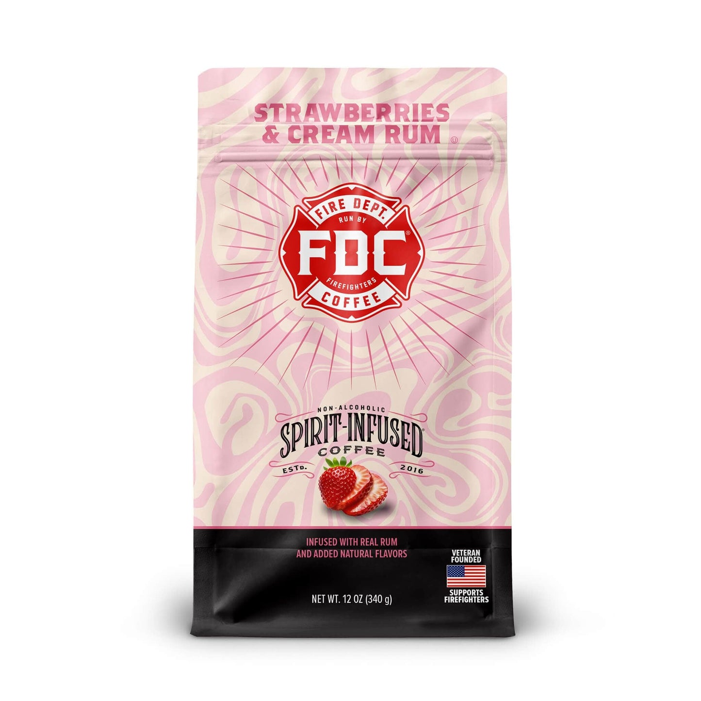 Fire Department Coffee Ground Coffee, Strawberries & Cream Flavor, Medium Roast, 12 oz, Veteran Owned, Non-Alcoholic, Roasted in the USA