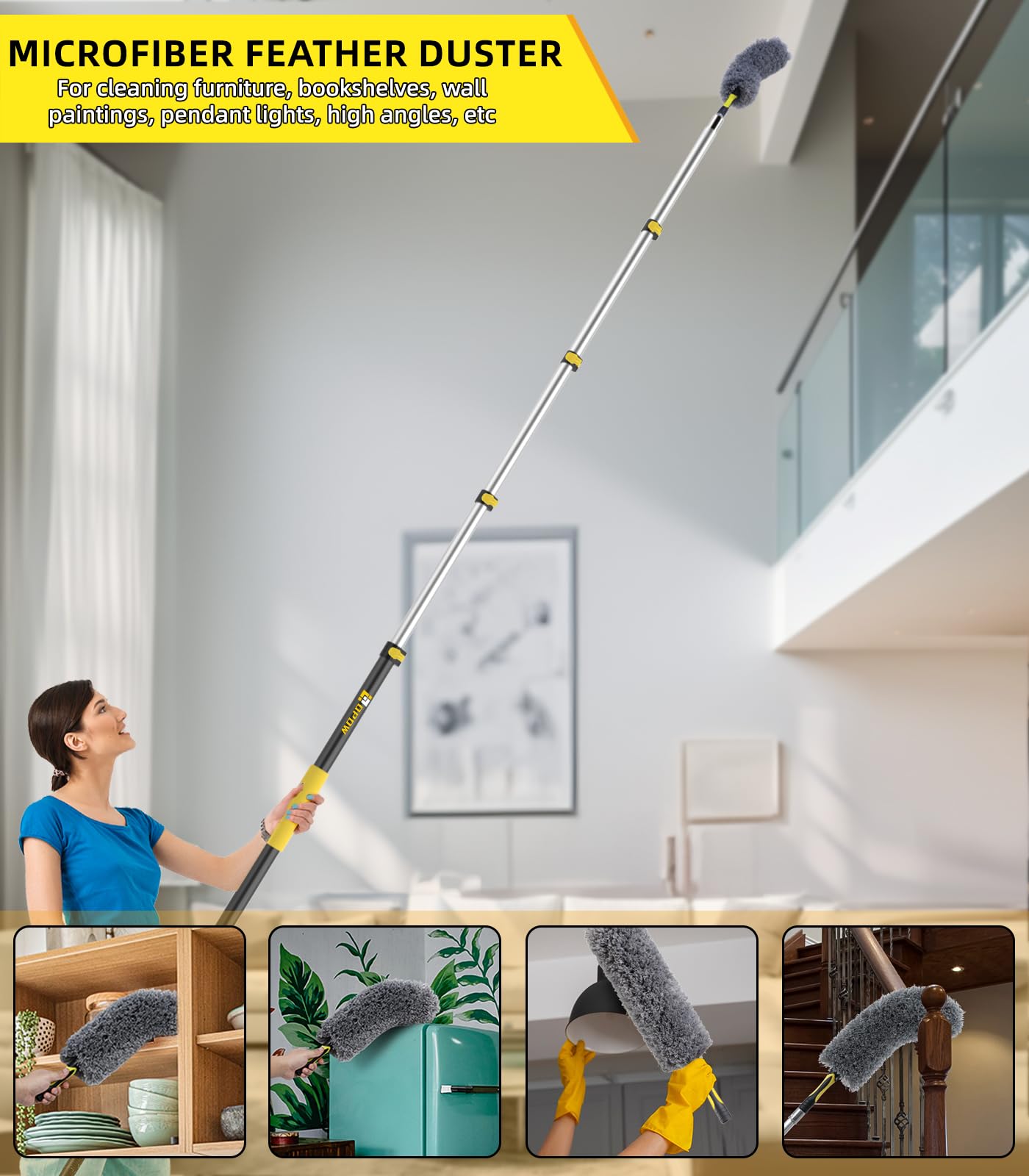 30 Foot High Reach Duster Kit With 7-24Ft Extension Pole, High Ceiling Fan Duster W/Telescopic Pole, Cobweb Duster, Feather Dust