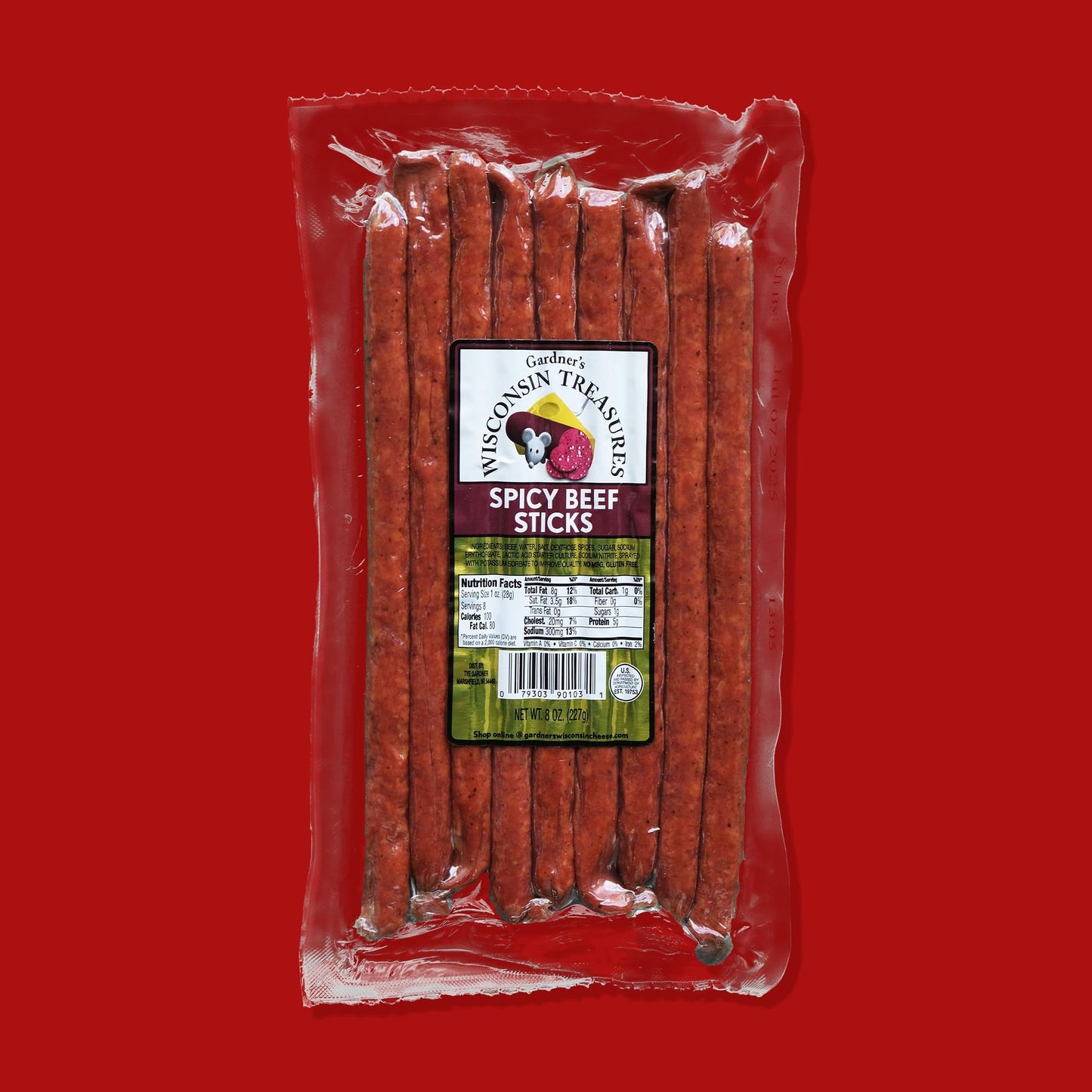Gardners Wisconsin Cheese, Meat Sticks (1 Ounce Sticks, Pack of 8) - Spicy Beef Flavor, Low Carb Snack, Does Not Require Refrig