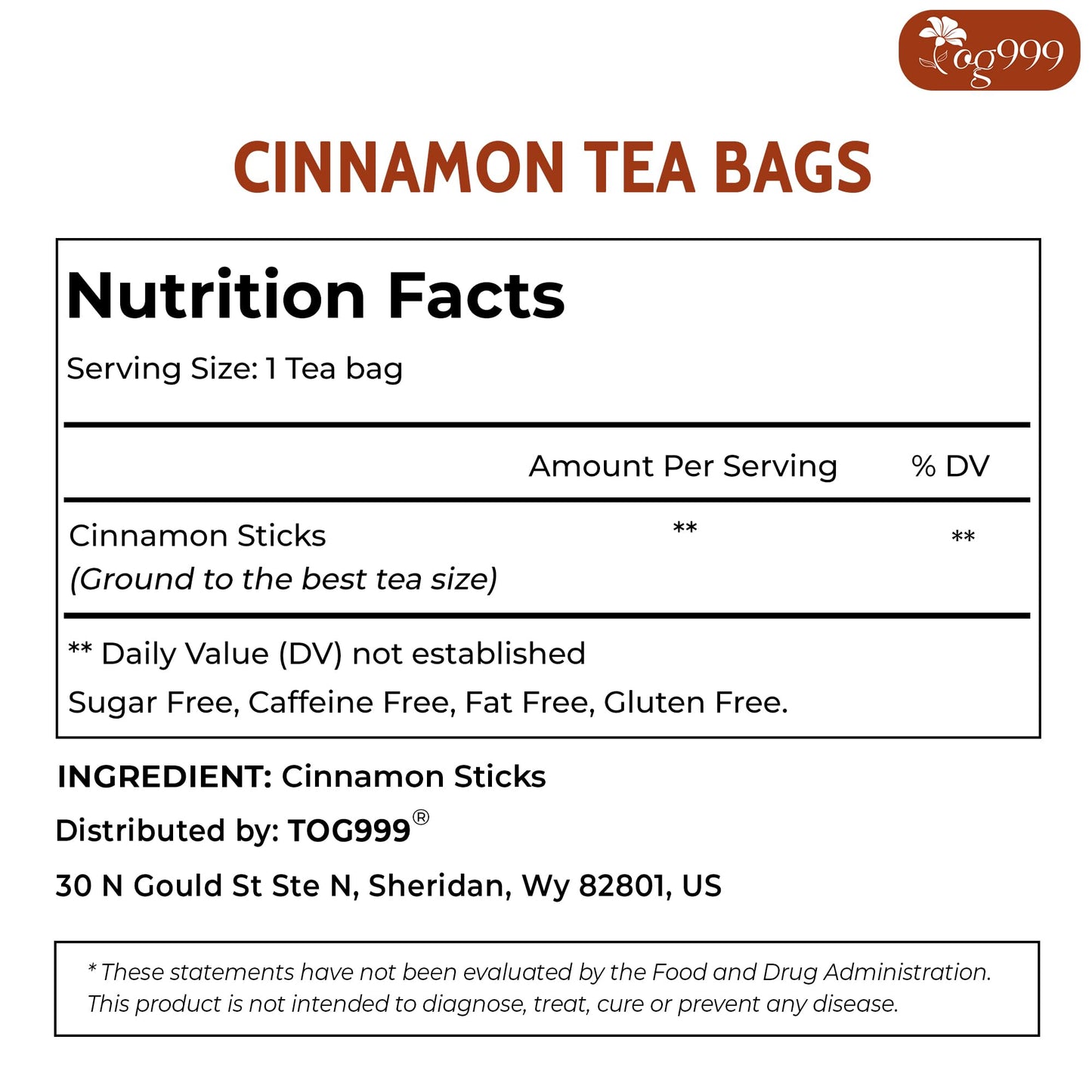 TOG999  enhanced 135 Tea Bags - Special Cinnamon Tea  100% Natural & Pure. Cinnamon Stick Herbal Spice Tea. No Sugar  No Caffeine  No Gluten  Vegan.