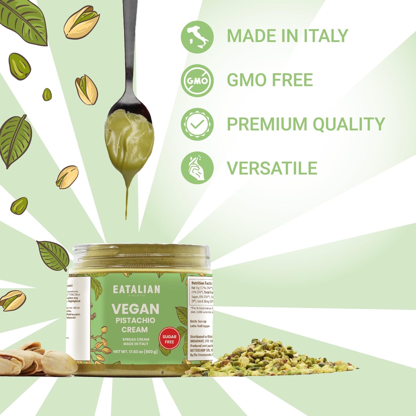 Eatalian By Amz Better Vegan Pistachio Cream Sugar Free, 17.63 Oz/ 500 Gr, Delicious Sugar Free Vegan Spread, Ideal On Bread, Pe