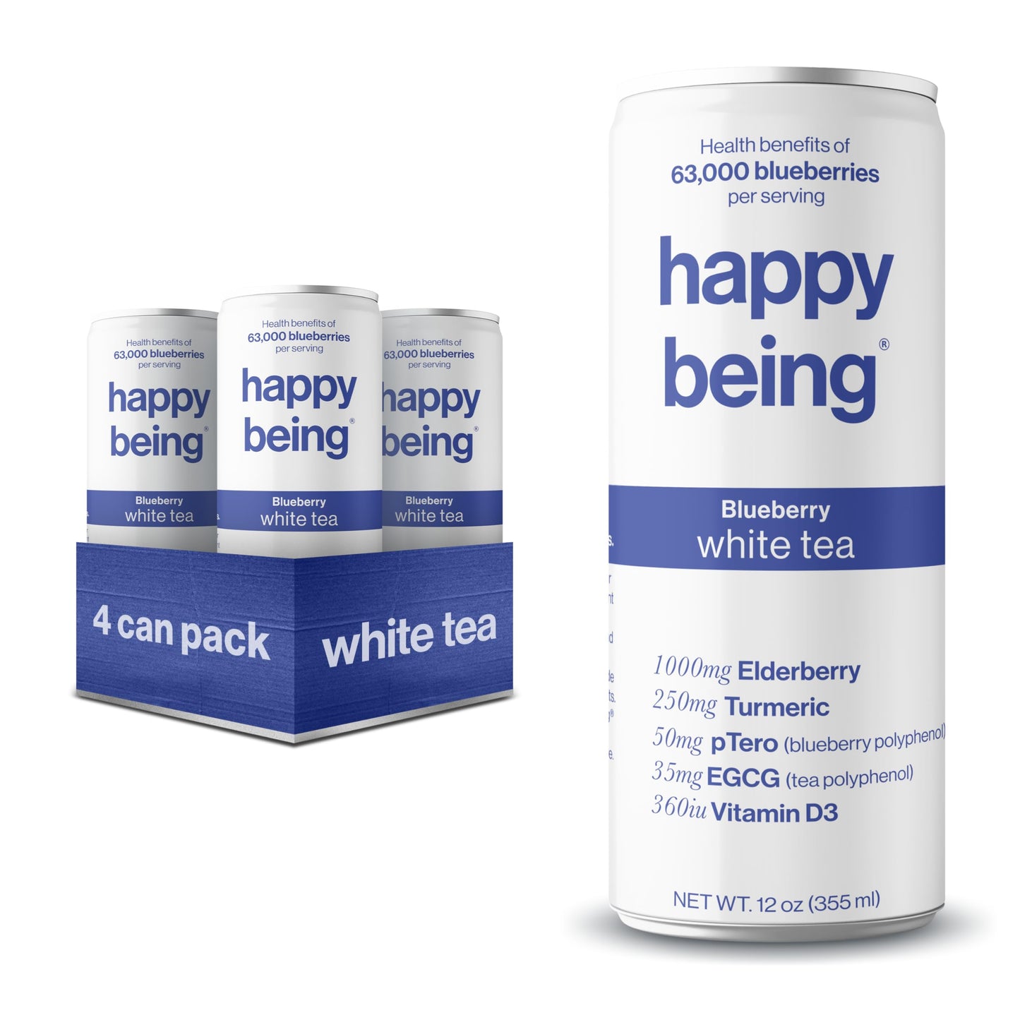 Happy Being Organic Blueberry White Tea, Infused with Turmeric & Elderberry, Caffeine Free, 12oz (4 Pack)