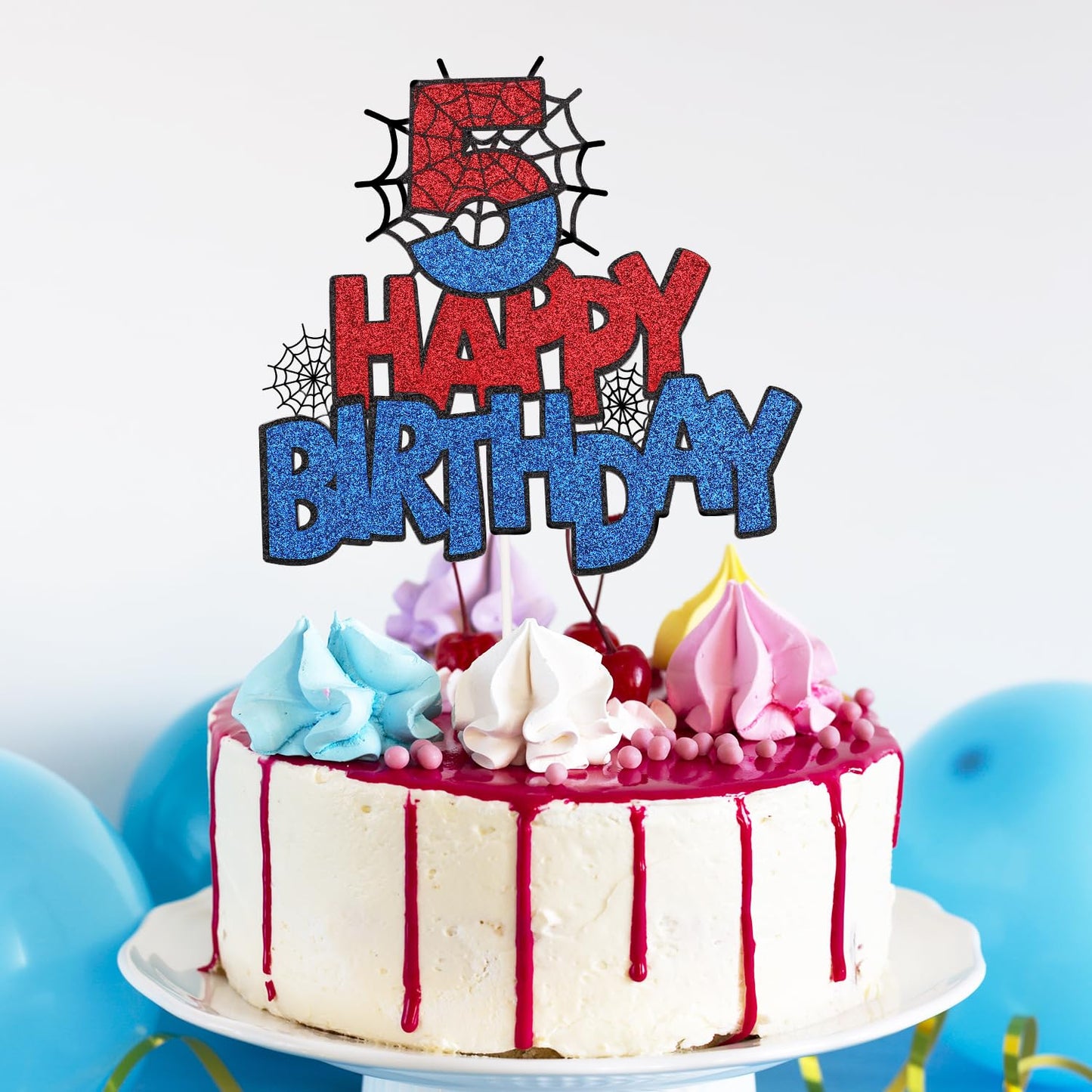 Spider Birthday Cake Topper, Double-Sided Spider Cake Topper Decorations Birthday Cakes Decorations For Boys Girls(Number 5)