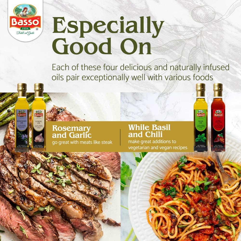 BASSO 1904 - Infused Extra Virgin Olive Oil Gift Box Set, First Cold Pressed, Variety Pack, 4 bottles x 8.5 fl.oz (250ml), Natur