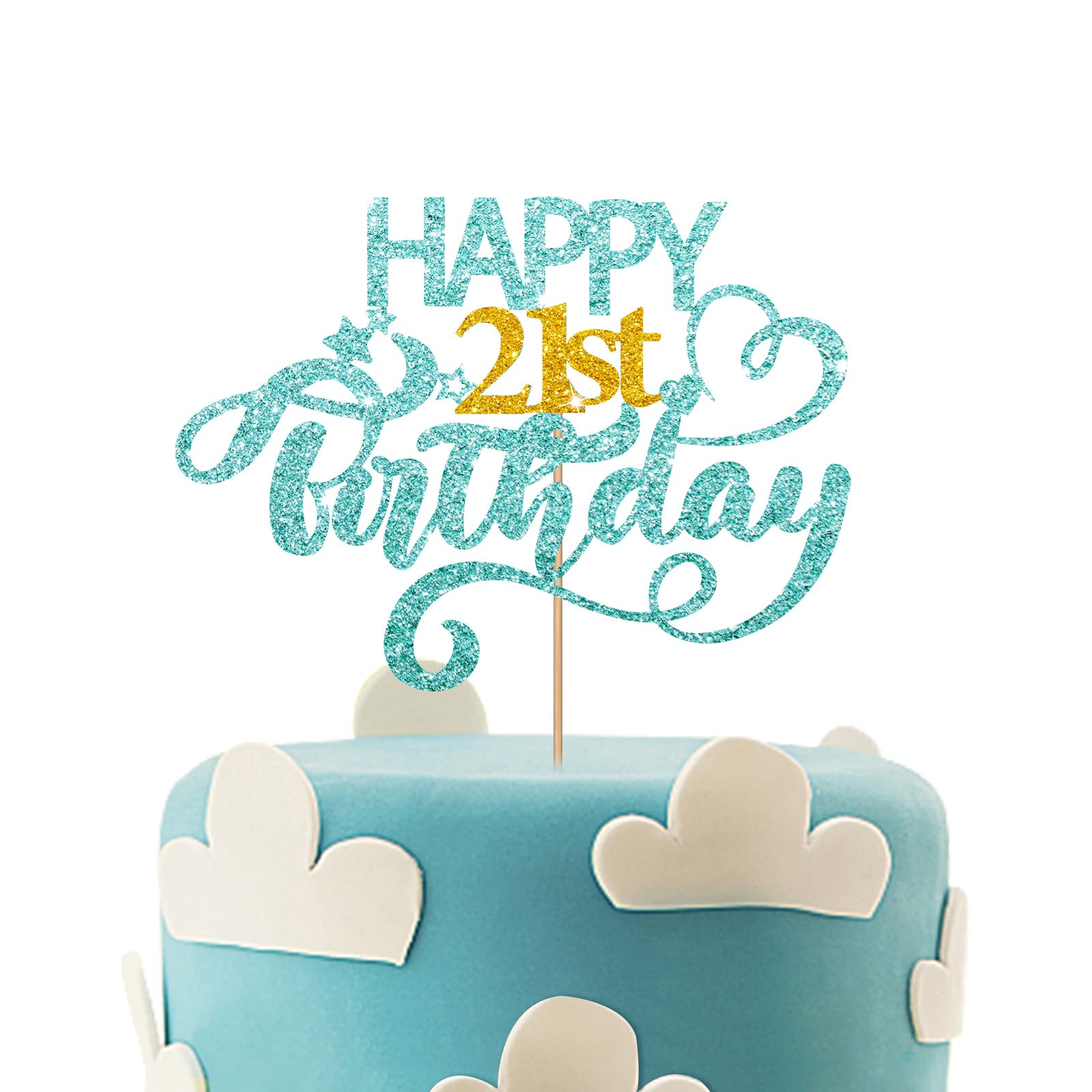 Sky Blue Glitter Happy 21St Birthday Cake Topper, Twenty One Years Old Birthday Party Cake Decor, Gold Number 21 Birthday Party