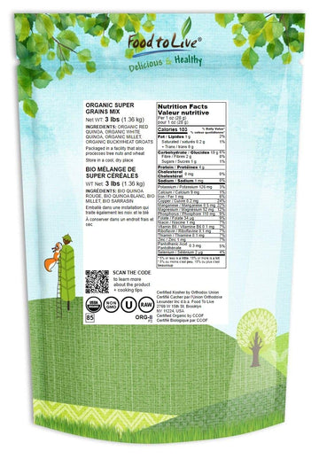 Food To Live Organic Super Grains Blend, 3 Pounds — A Mix Of Millet, Buckwheat, Red And White Quinoa. Non-Gmo, Non-Irradiated, Vegan Superfood, Bulk