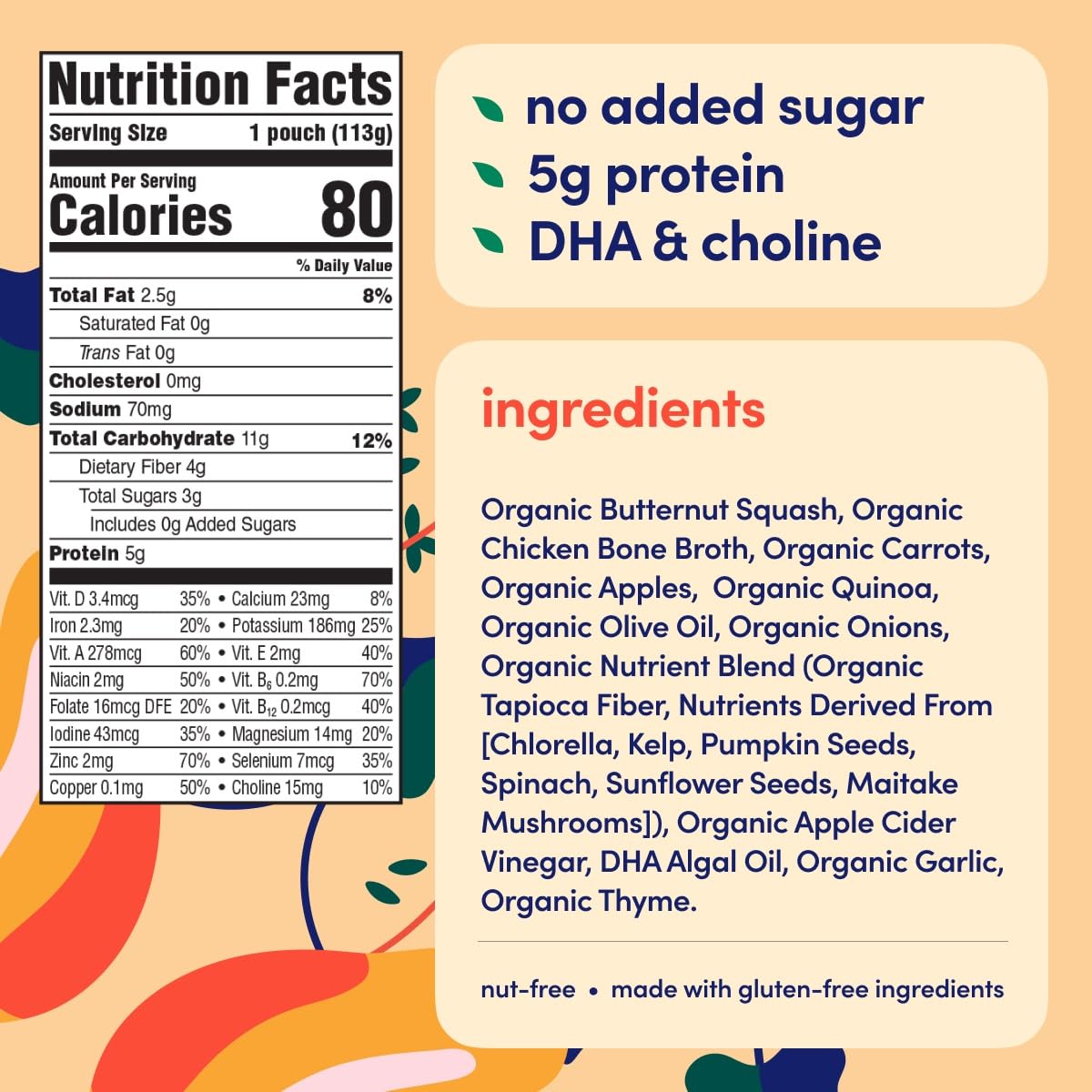 Cerebelly Organic Butternut Squash & Chicken Bone Broth Puree | 6+ Stage 1 2 Months Baby Food Pouches | Non-Gmo, Tested For Heav