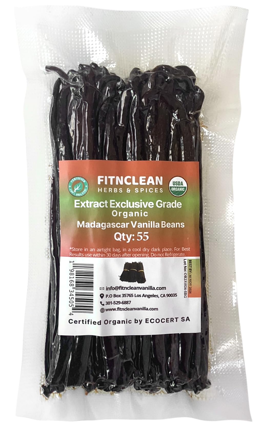 FITNCLEAN VANILLA 55 Organic Madagascar Vanilla Extract, Grade B Beans, Non-GMO, Bulk Dry Whole Pods, 55 Count