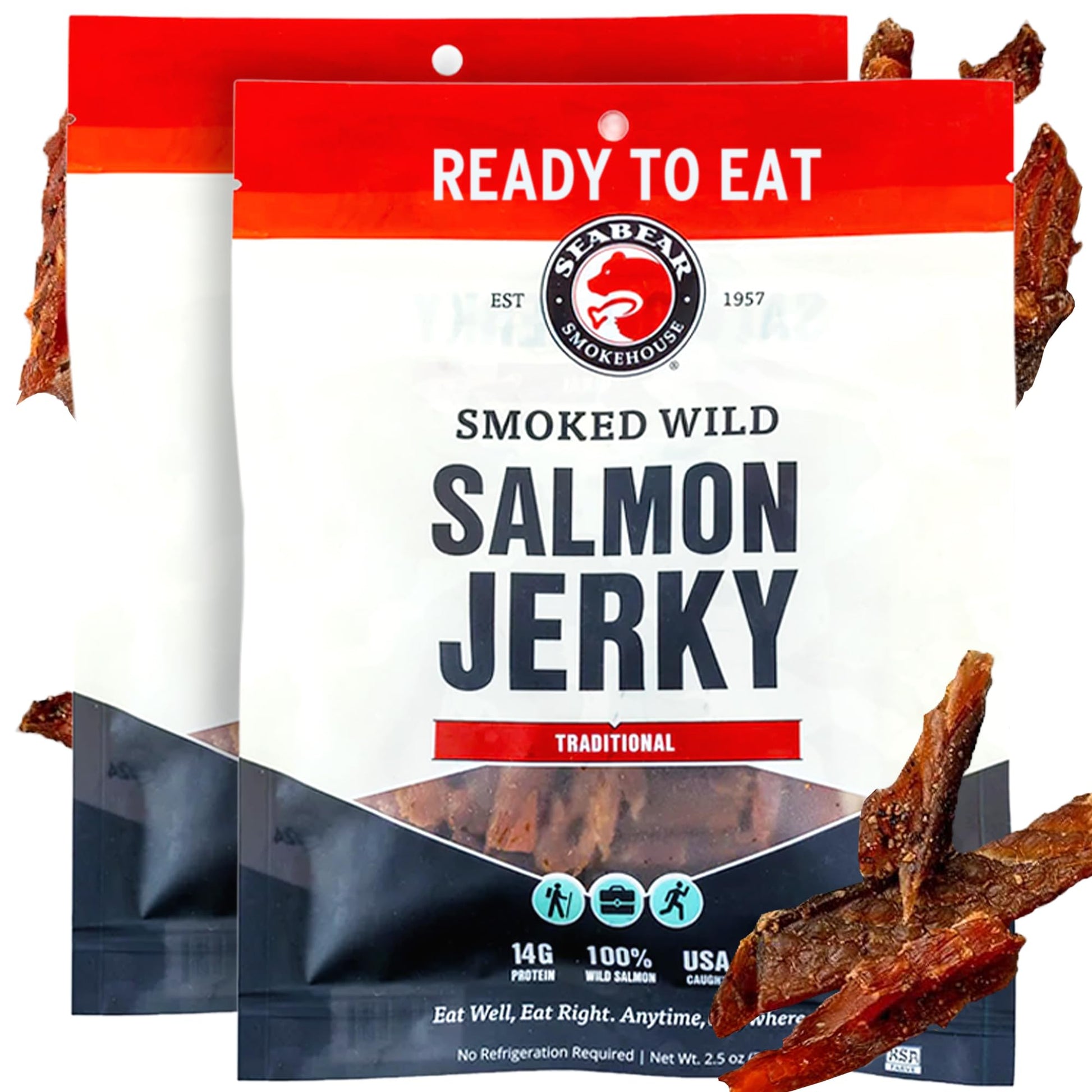 Seabear Traditional Wild King Salmon Jerky 2-Pack Rich Flavor Salmon Jerky  Wild-Caught Alaskan Salmon  High-Protein Snack  Cold Rich Flavor & Ready To Eat  Classic Smokehouse Flavor  2.5 Oz Bag (Pack Of 2)