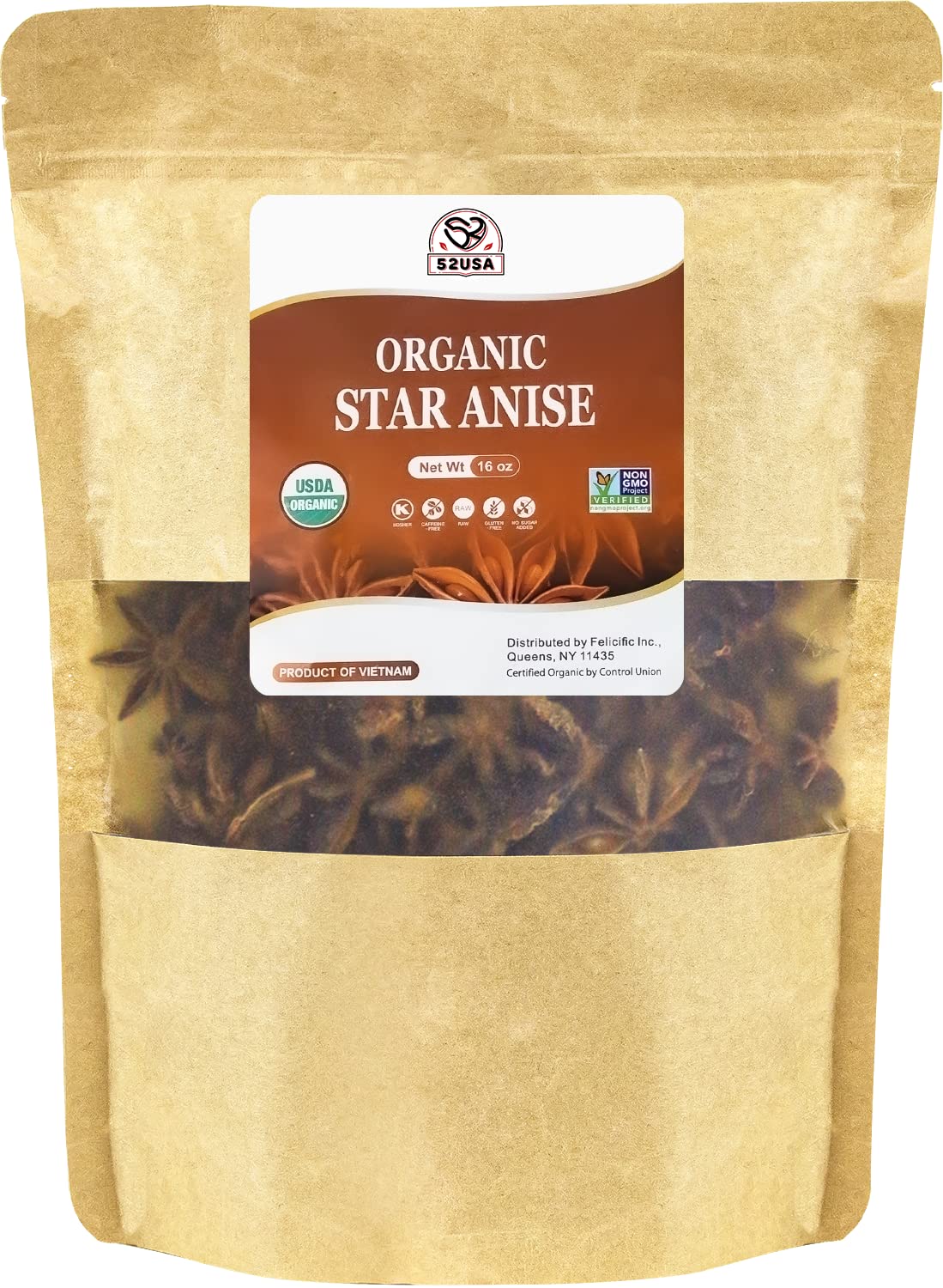52USA Organic Star Anise, 16 Ounce (Pack of 1), NON-GMO Verified Chinese Star Anise Whole, Dried Star Anise Pods for Tea and bak