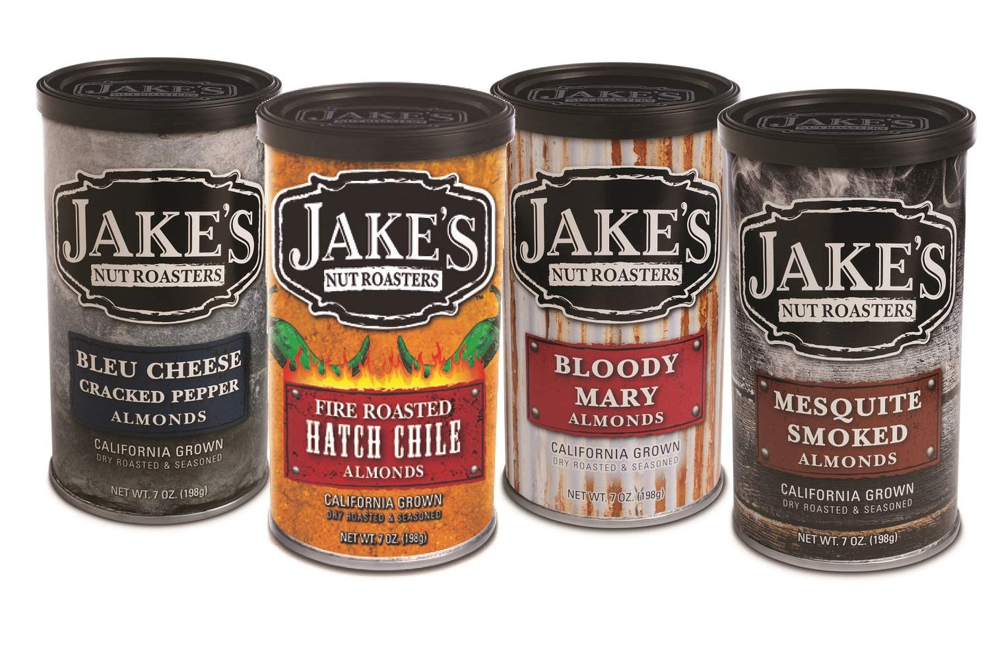 Jakes Nut Roasters Savory Mixed Pack Almonds Variety (4 Pack) - Includes Bloody Mary, Mesquite Smoked, Bleu Cheese, Hatch Chile - 7 Ounce