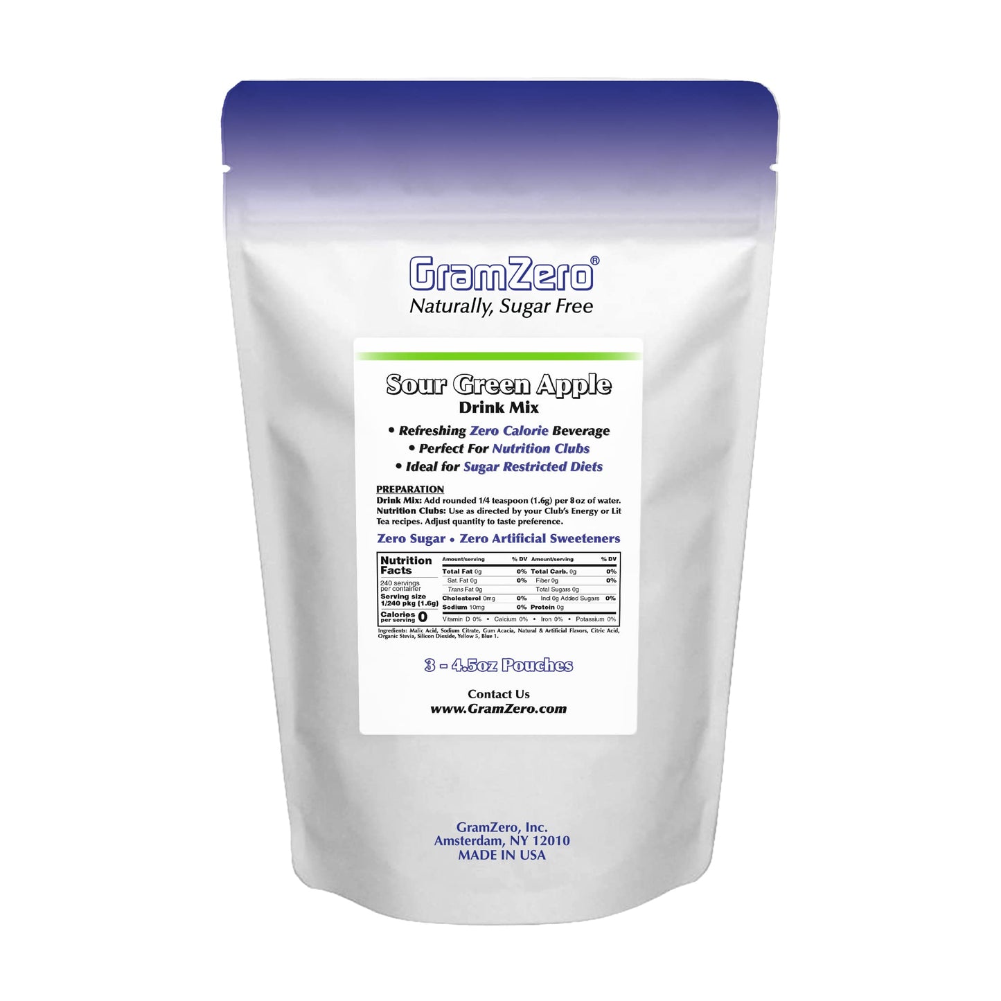 Gramzero Sour Green Apple Zero Calorie Sugar Free Drink Mix, Great For Nutrition Club Loaded Tea, Stevia Sweetened