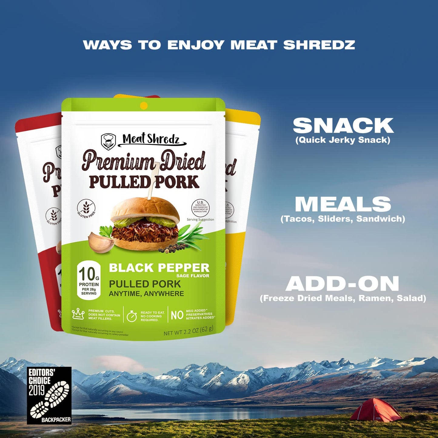Meat Shredz - Enhanced Dried Pulled Pork (Carolina Bbq - Sweet Mustard, 4 Pack) | Gluten Free | High Protein & Low Sugar | Bacon Bits | Dehydrated Backpacking & Camping Food | Shredded, Dried Jerky Chew Snack